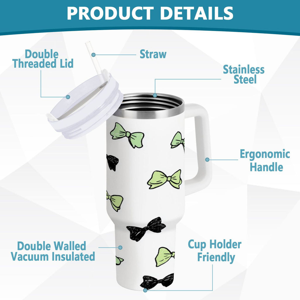 40 oz Insulated Stainless Steel Tumbler Double Wall Stainless Steel Tumbler with 2-Way Drinking Green and Black Bows C553N