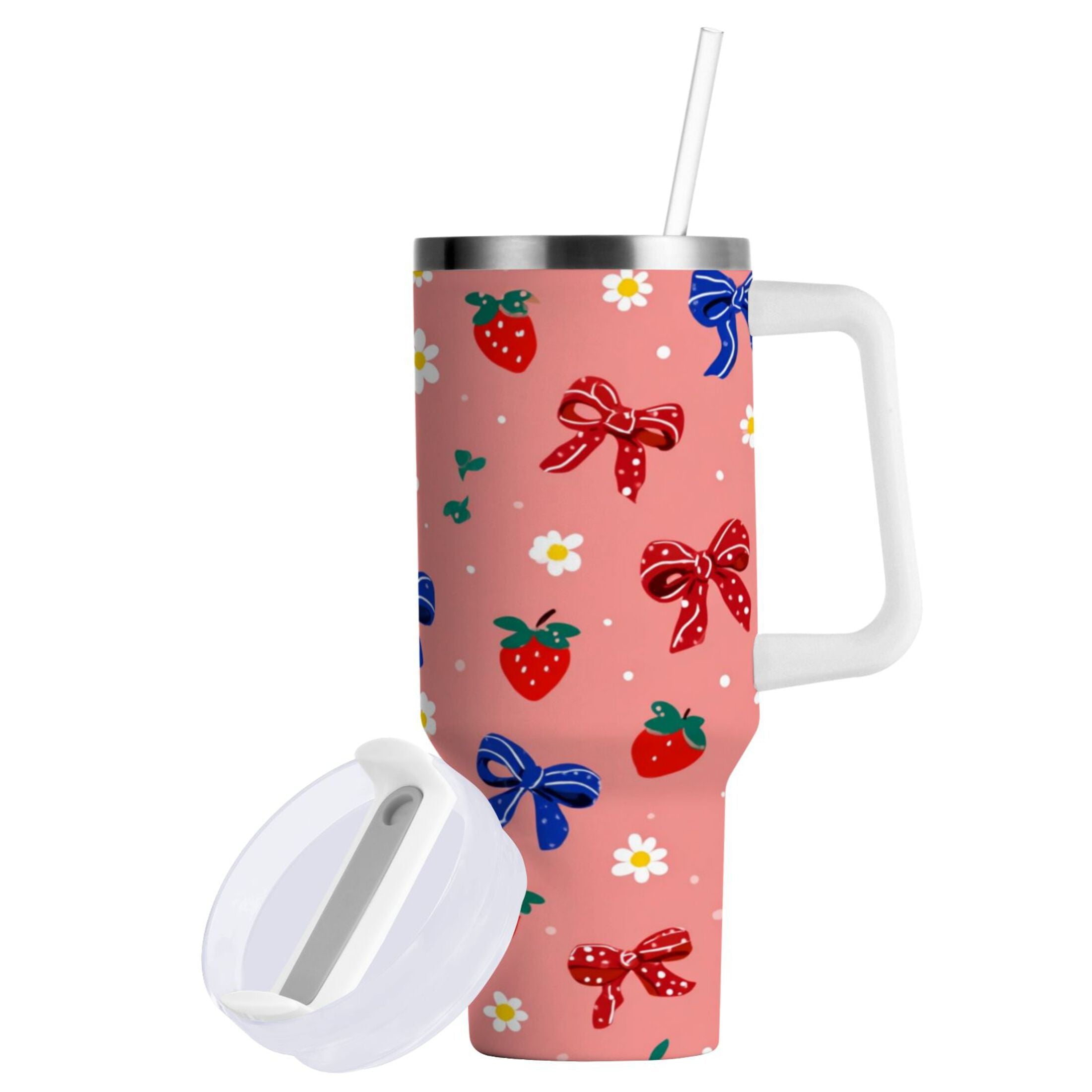 40 oz Insulated Stainless Steel Tumbler Double Wall Stainless Steel Tumbler with 2-Way Drinking Bows and Strawberries Pattern C511C