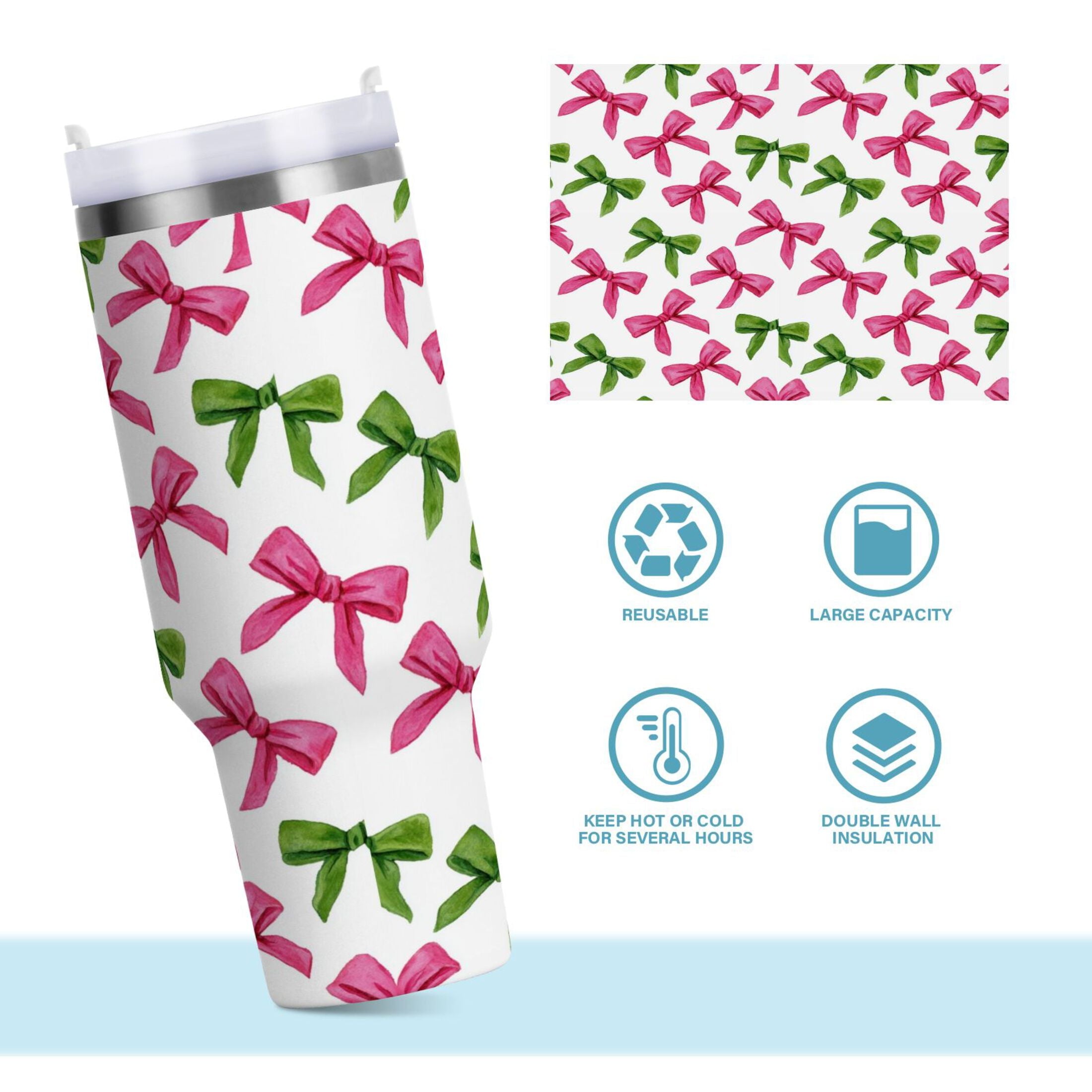 30 oz Insulated Stainless Steel Tumbler Double Wall Stainless Steel Tumbler with 2-Way Drinking Pink Bows and Green Ribbons C649T