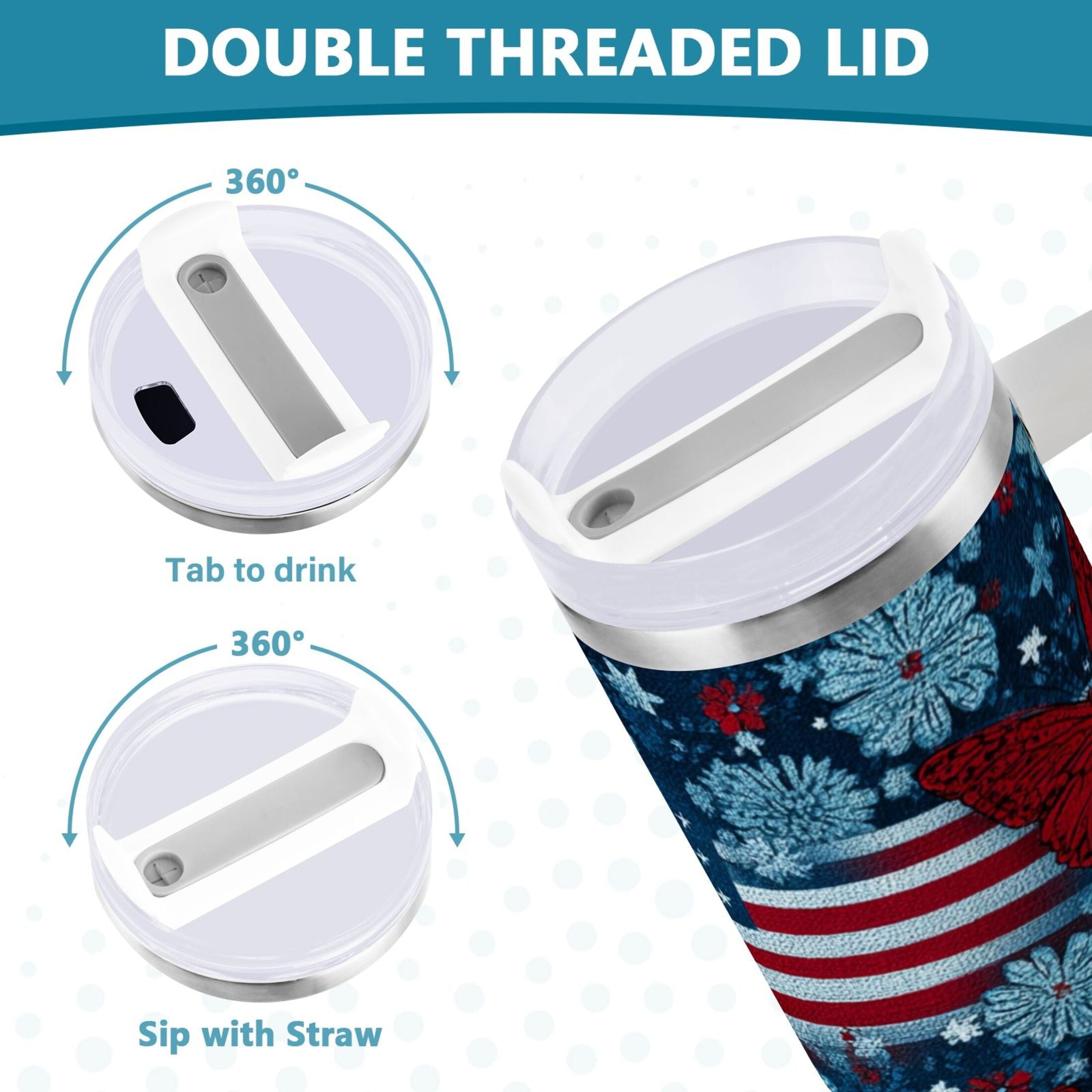 30 oz Insulated Stainless Steel Tumbler Double Wall Stainless Steel Tumbler with 2-Way Drinking Red Butterflies and Flags C621U