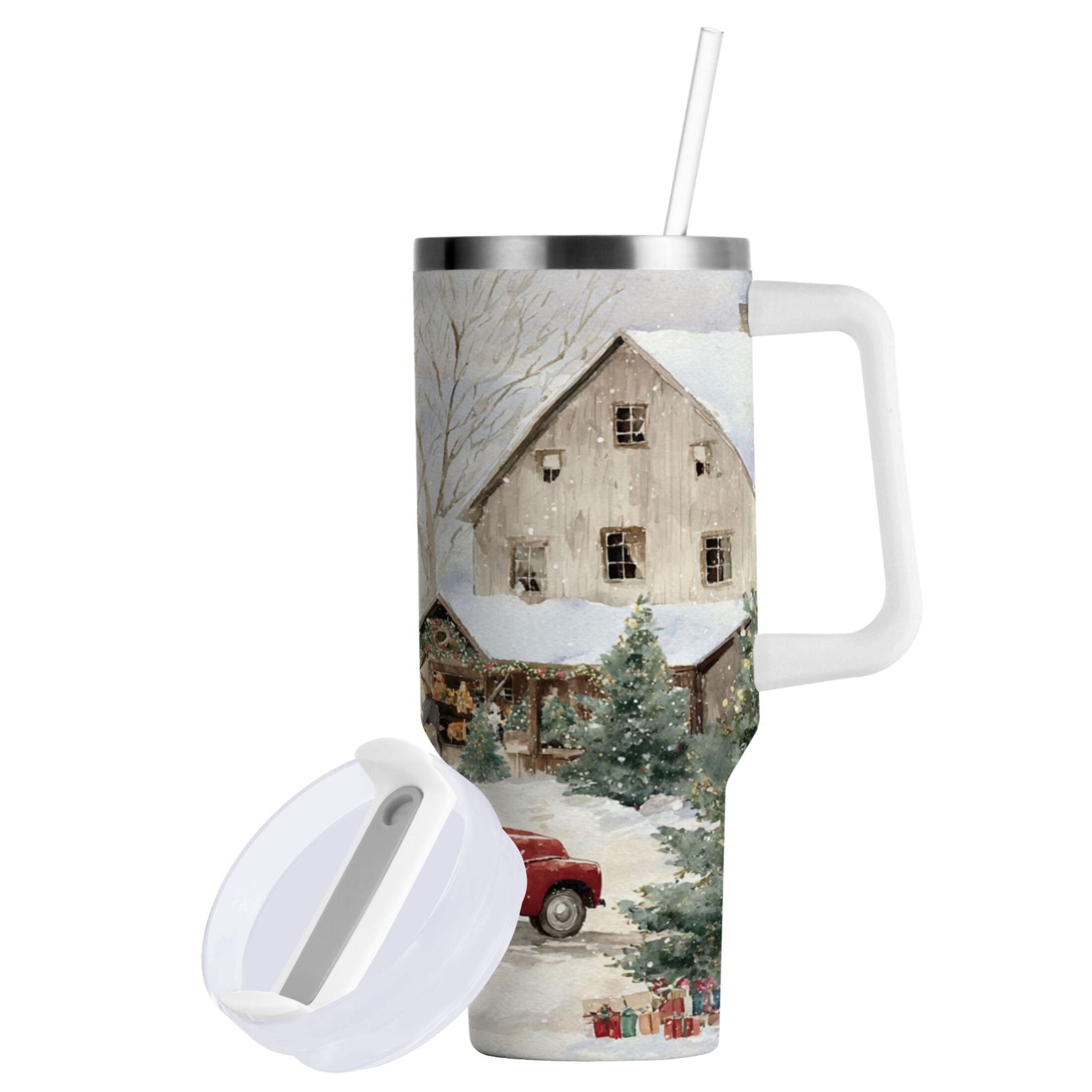 40 oz Insulated Stainless Steel Tumbler Double Wall Stainless Steel Tumbler with 2-Way Drinking Farm Snow Scene C645K