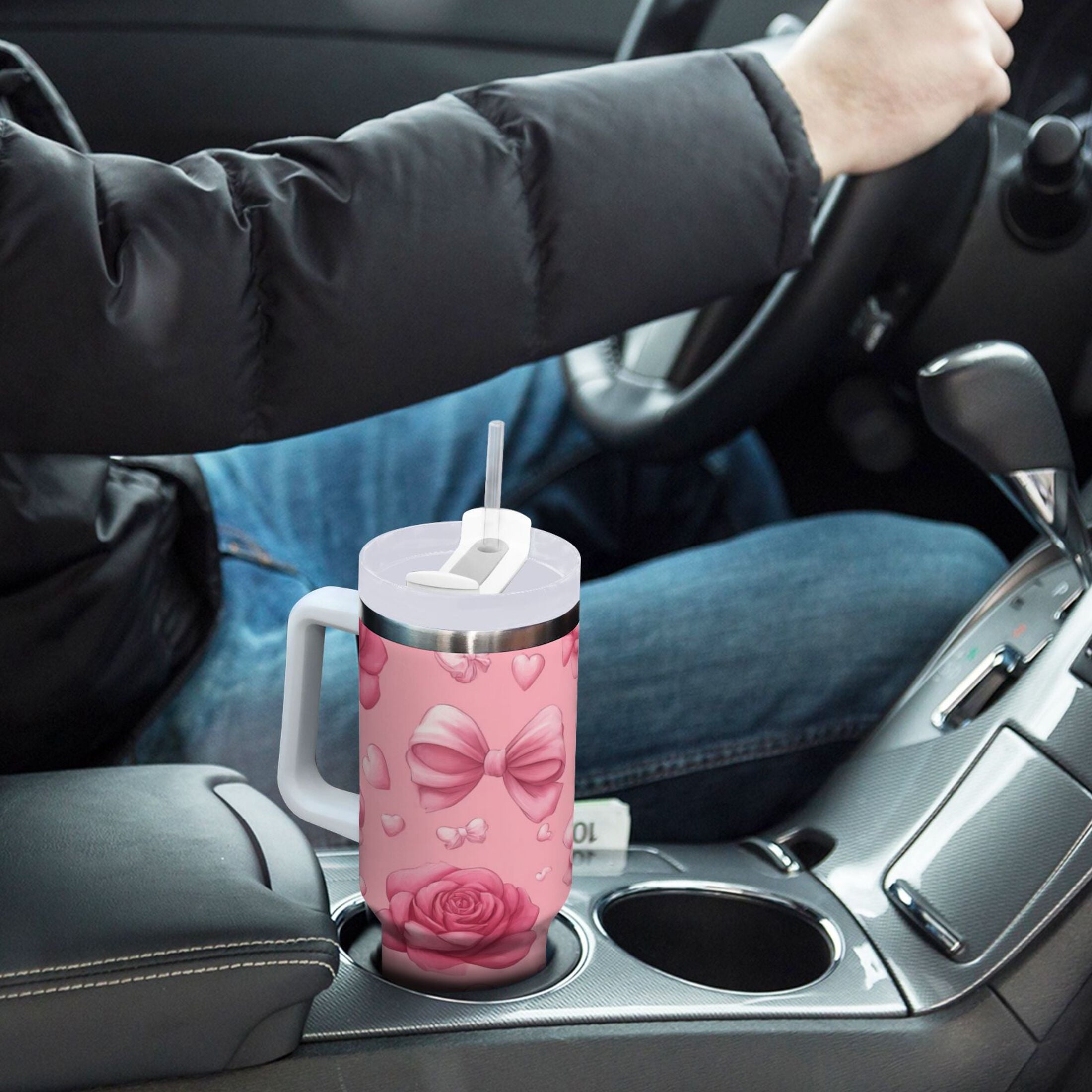 40 oz Insulated Stainless Steel Tumbler Double Wall Stainless Steel Tumbler with 2-Way Drinking Roses and Bows Pattern C661Q