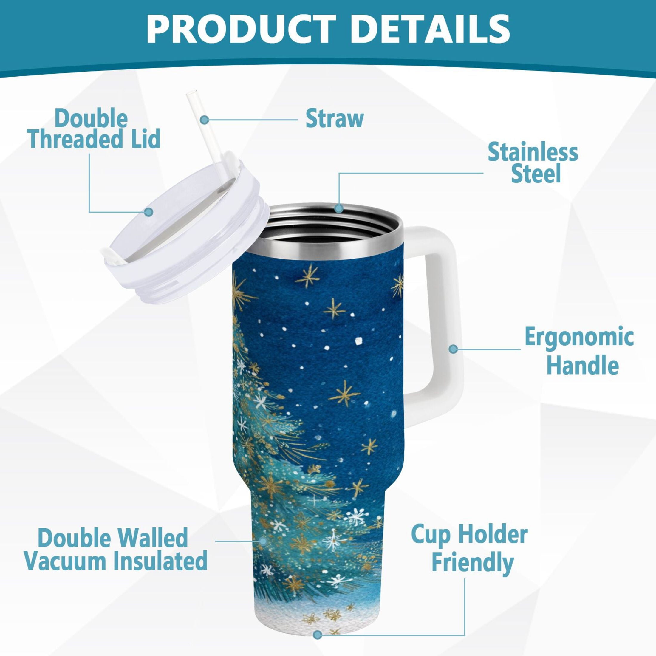 40 oz Insulated Stainless Steel Tumbler Double Wall Stainless Steel Tumbler with 2-Way Drinking Watercolor Christmas Tree C597C
