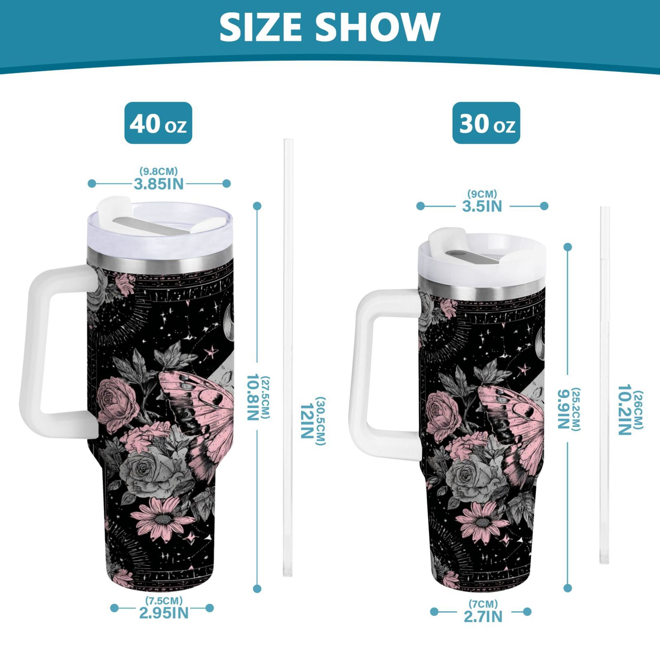 30 oz Insulated Stainless Steel Tumbler Double Wall Stainless Steel Tumbler with 2-Way Drinking Butterfly by Moon and Flowers C542G