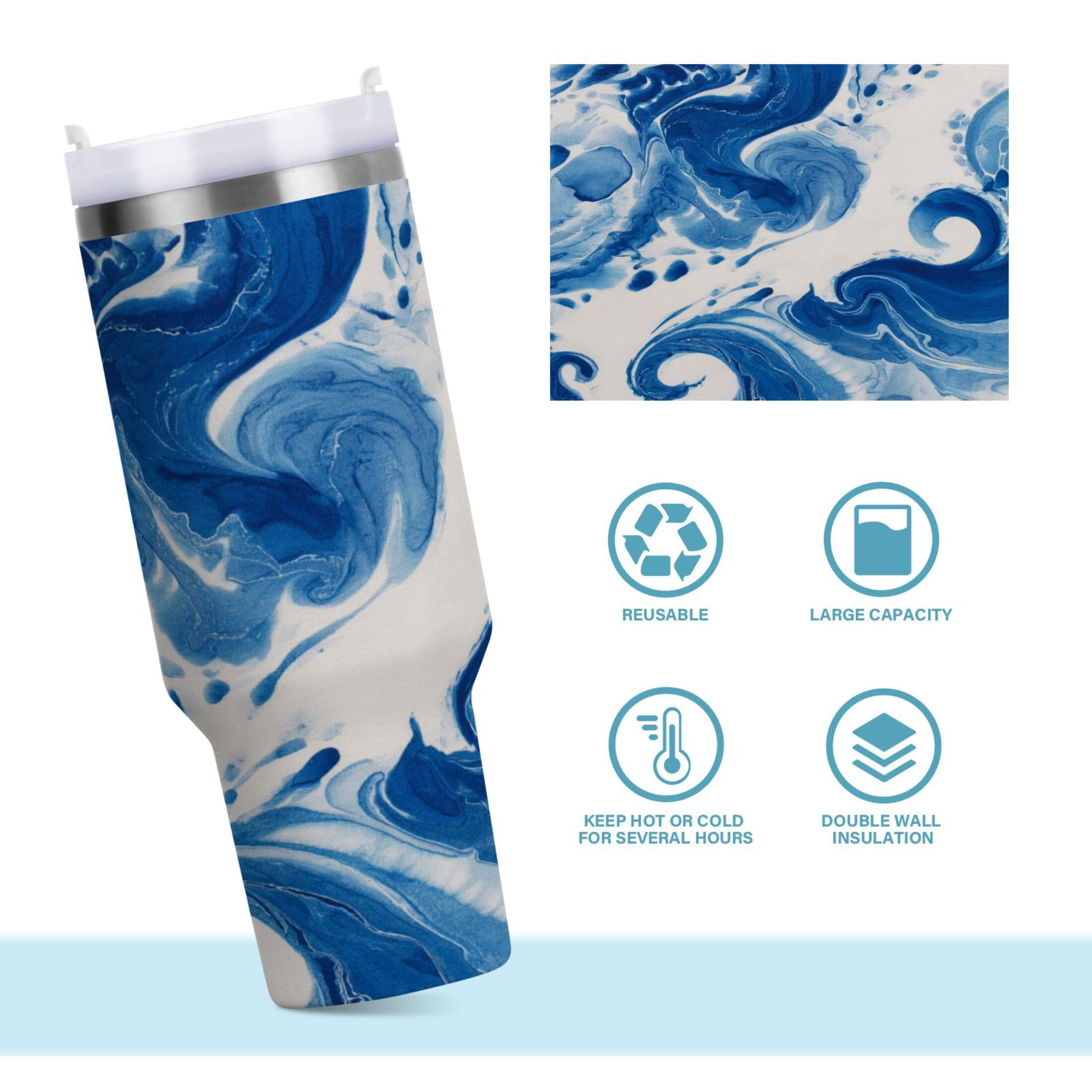 40 oz Insulated Stainless Steel Tumbler Double Wall Stainless Steel Tumbler with 2-Way Drinking Indigo Blue Tie-dye Pattern C632Z