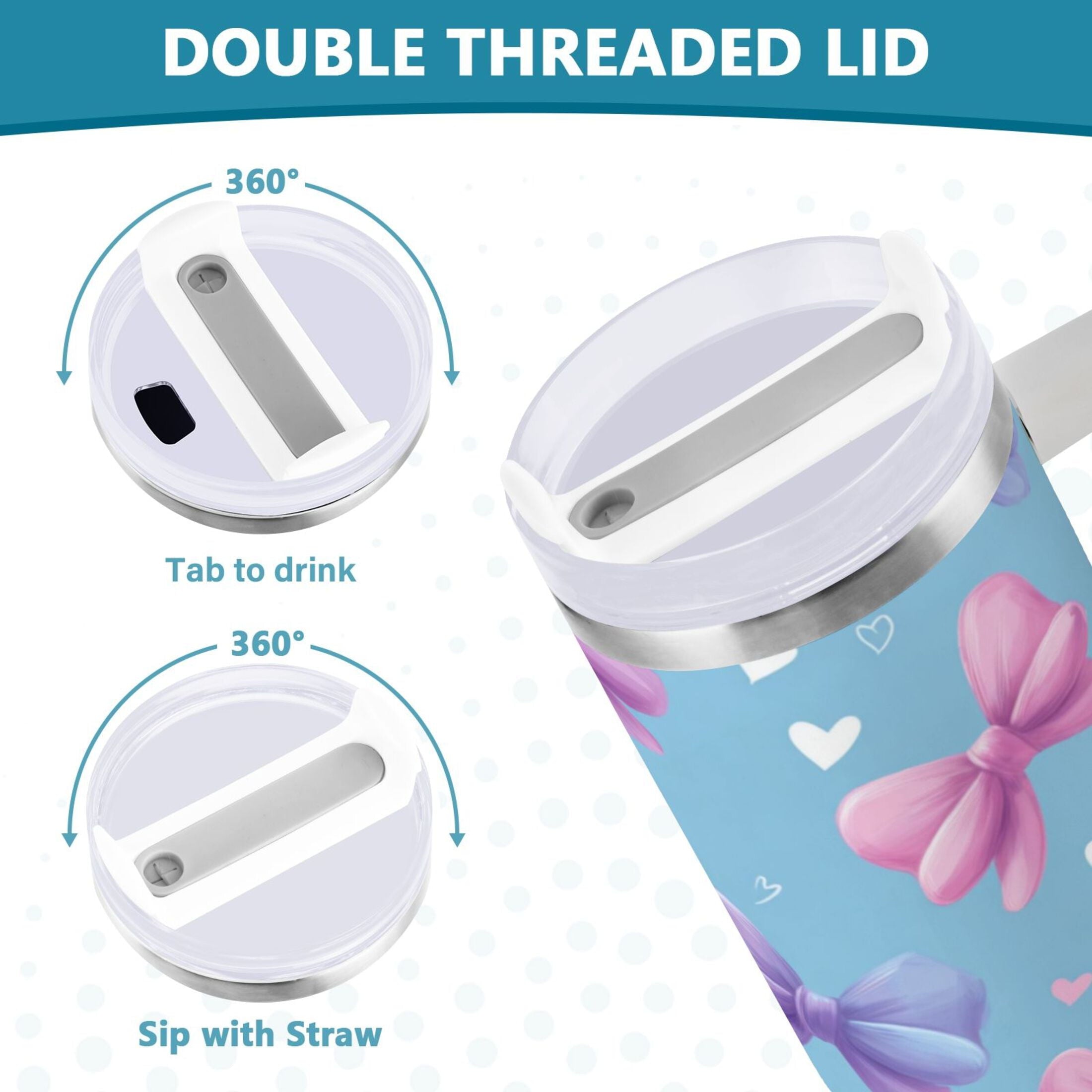 30 oz Insulated Stainless Steel Tumbler Double Wall Stainless Steel Tumbler with 2-Way Drinking Pink and Purple Bows C526T
