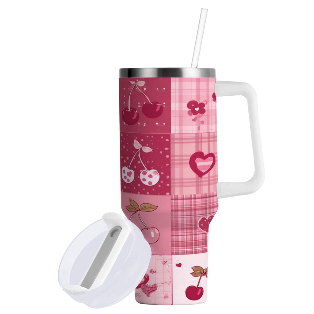 30 oz Insulated Stainless Steel Tumbler Double Wall Stainless Steel Tumbler with 2-Way Drinking Cherry Pattern with Bows C634D