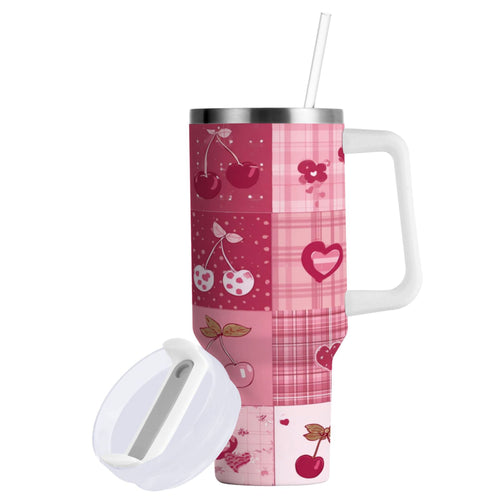 30 oz Insulated Stainless Steel Tumbler Double Wall Stainless Steel Tumbler with 2-Way Drinking Cherry Pattern with Bows C634D