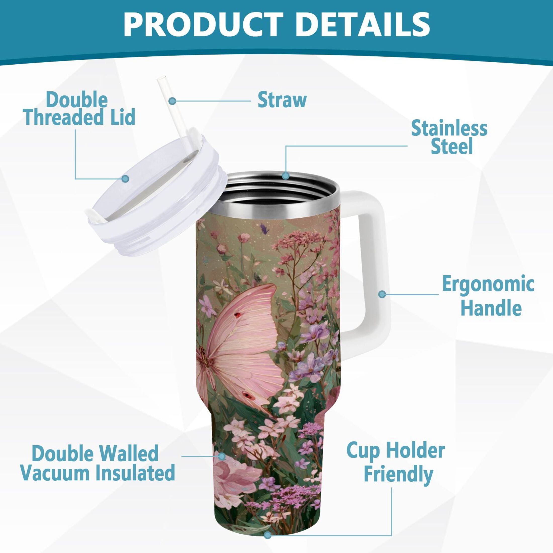30 oz Insulated Stainless Steel Tumbler Double Wall Stainless Steel Tumbler with 2-Way Drinking Delicate Butterfly C643H