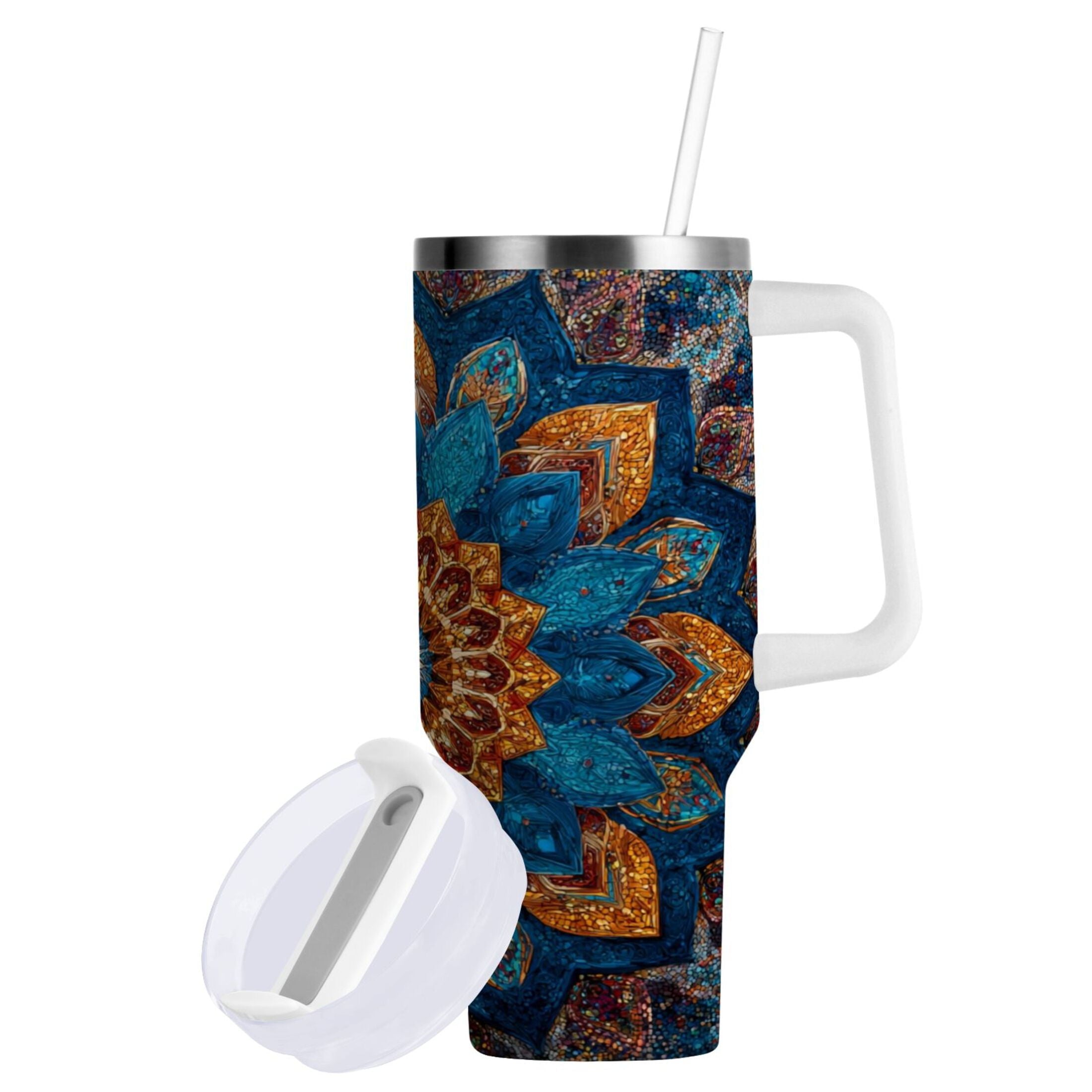 40 oz Insulated Stainless Steel Tumbler Double Wall Stainless Steel Tumbler with 2-Way Drinking Intricate Geometric Shapes C518E
