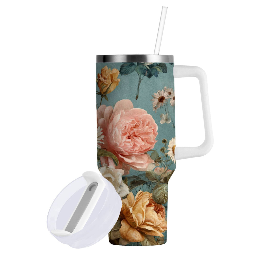 30 oz Insulated Stainless Steel Tumbler Double Wall Stainless Steel Tumbler with 2-Way Drinking Vintage Roses and Peonies C667C