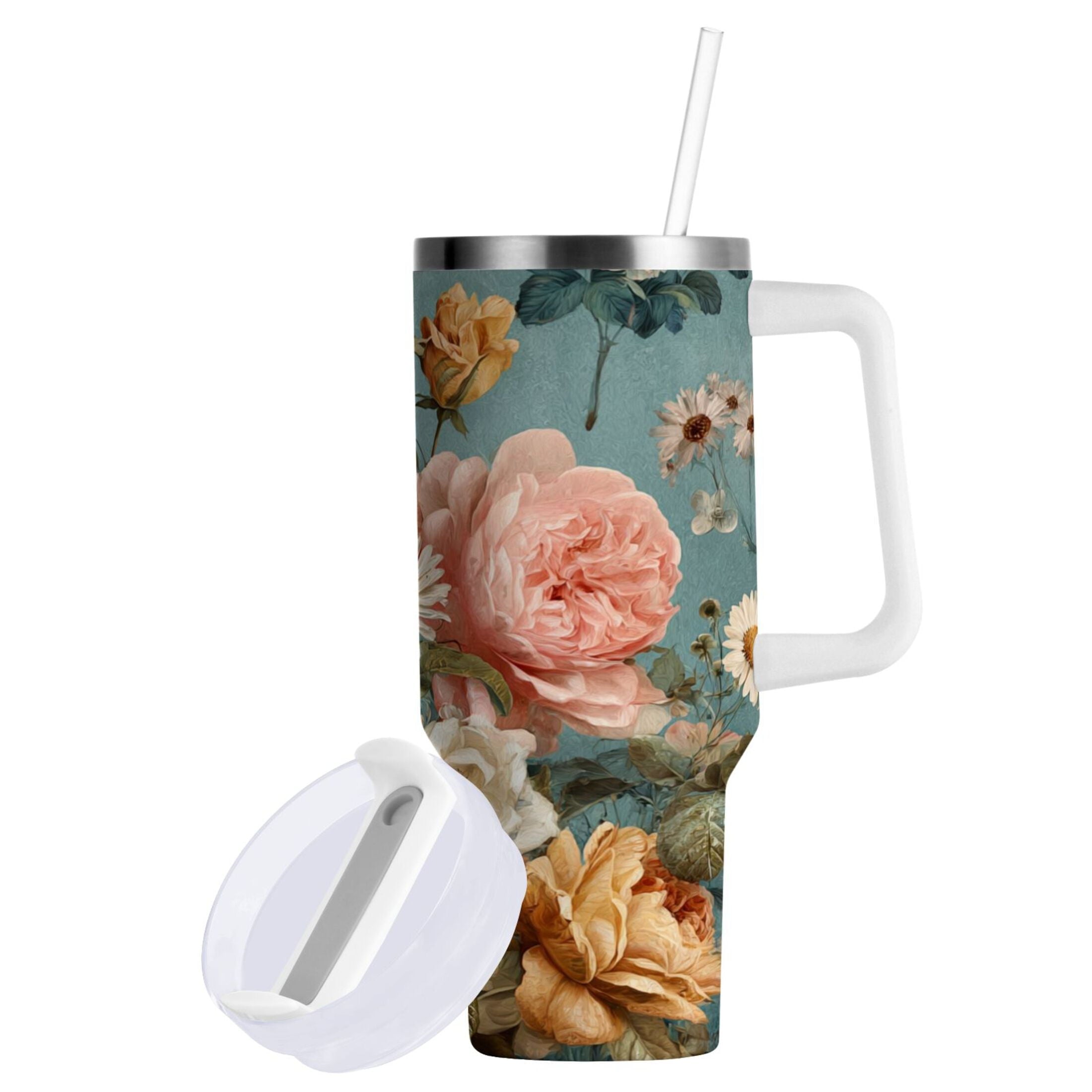 30 oz Insulated Stainless Steel Tumbler Double Wall Stainless Steel Tumbler with 2-Way Drinking Vintage Roses and Peonies C667C