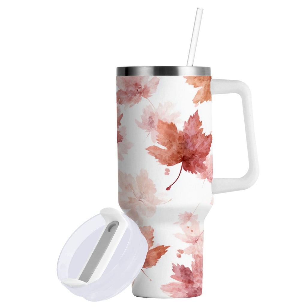 30 oz Insulated Stainless Steel Tumbler Double Wall Stainless Steel Tumbler with 2-Way Drinking Watercolor Pink Maple Leaves C624G
