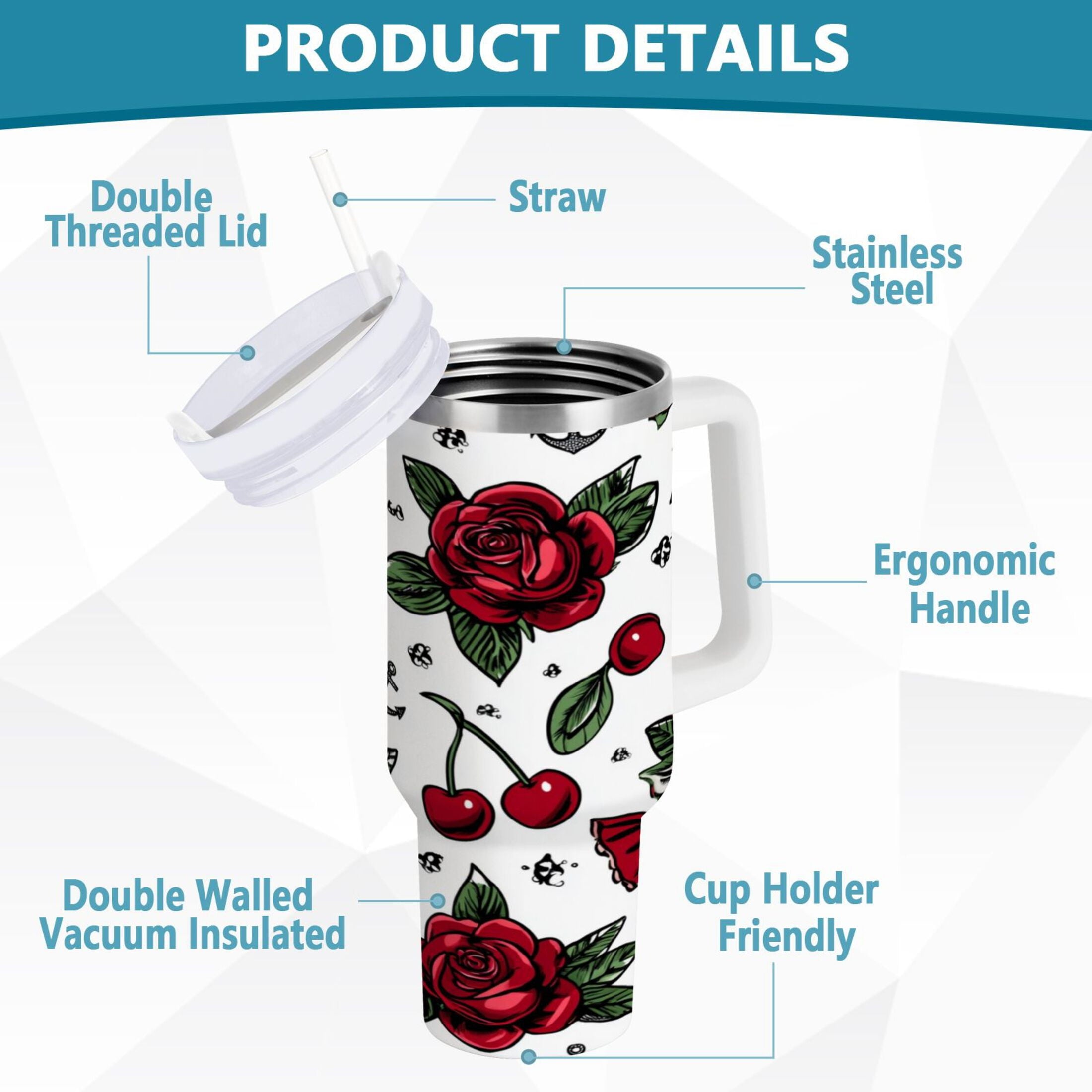40 oz Insulated Stainless Steel Tumbler Double Wall Stainless Steel Tumbler with 2-Way Drinking Red Roses and Cherries C599Z