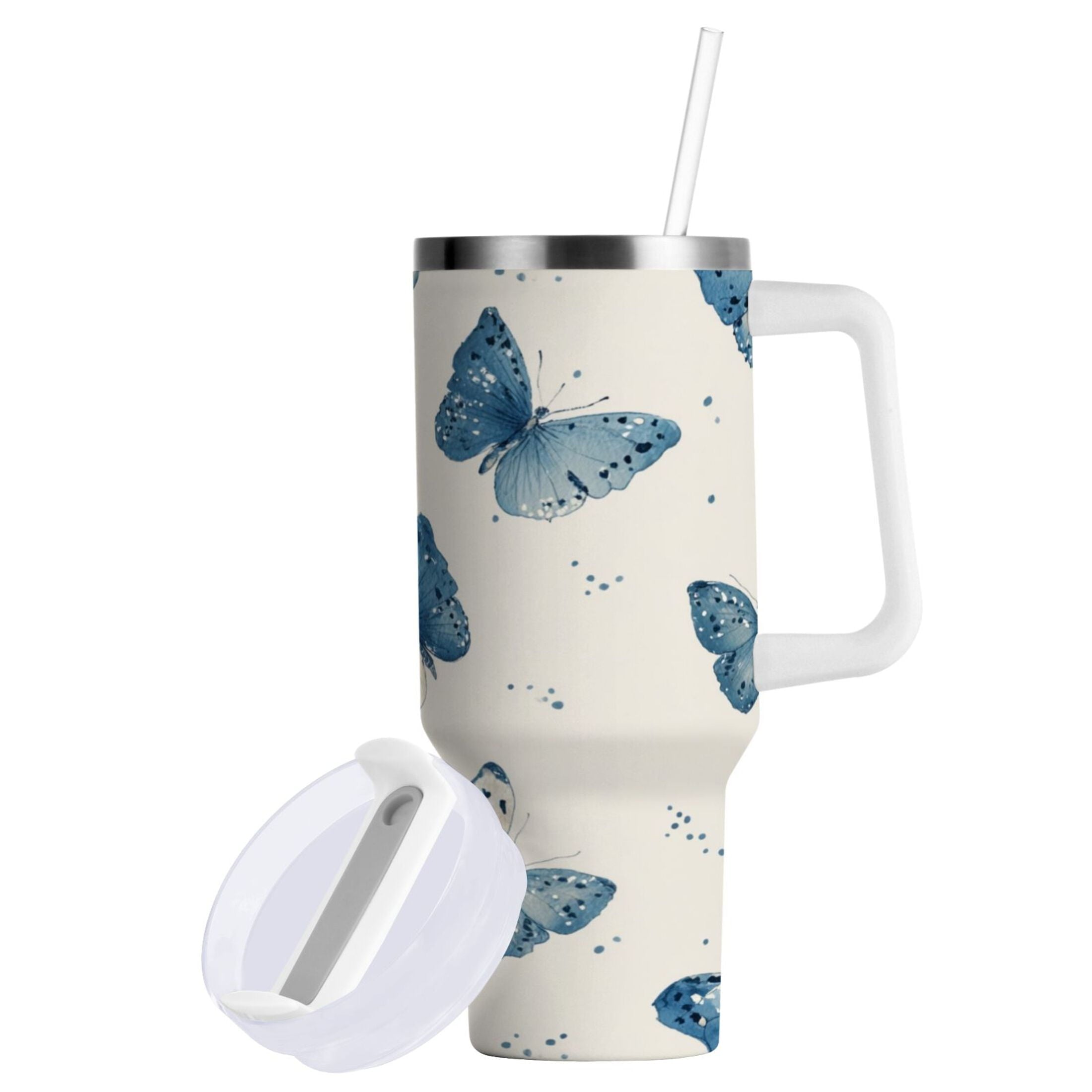 30 oz Insulated Stainless Steel Tumbler Double Wall Stainless Steel Tumbler with 2-Way Drinking Blue Watercolor Butterflies C572C