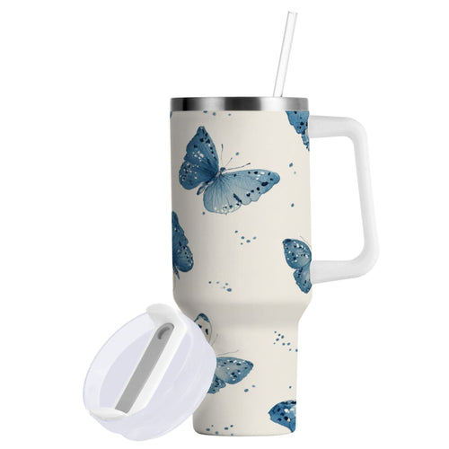30 oz Insulated Stainless Steel Tumbler Double Wall Stainless Steel Tumbler with 2-Way Drinking Blue Watercolor Butterflies C572C
