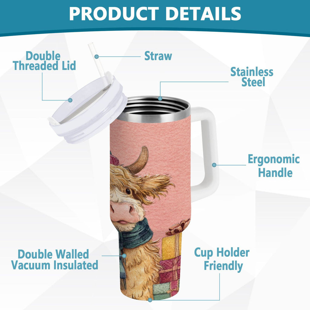 30 oz Insulated Stainless Steel Tumbler Double Wall Stainless Steel Tumbler with 2-Way Drinking Cow Wearing Scarf and Hat C663M