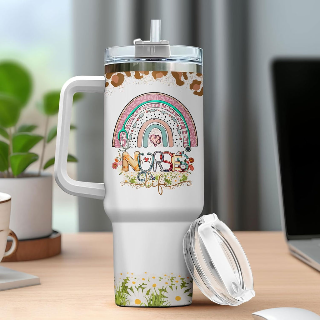 Tumbler 40 Oz With Handle Lid And Straw, Nurse Gifts, Black Camo White Engraved Print Travel Nurses Tumblers Handle Funny Cups Nursing For, Great Nurse Rainbow Daisy Flower C683K