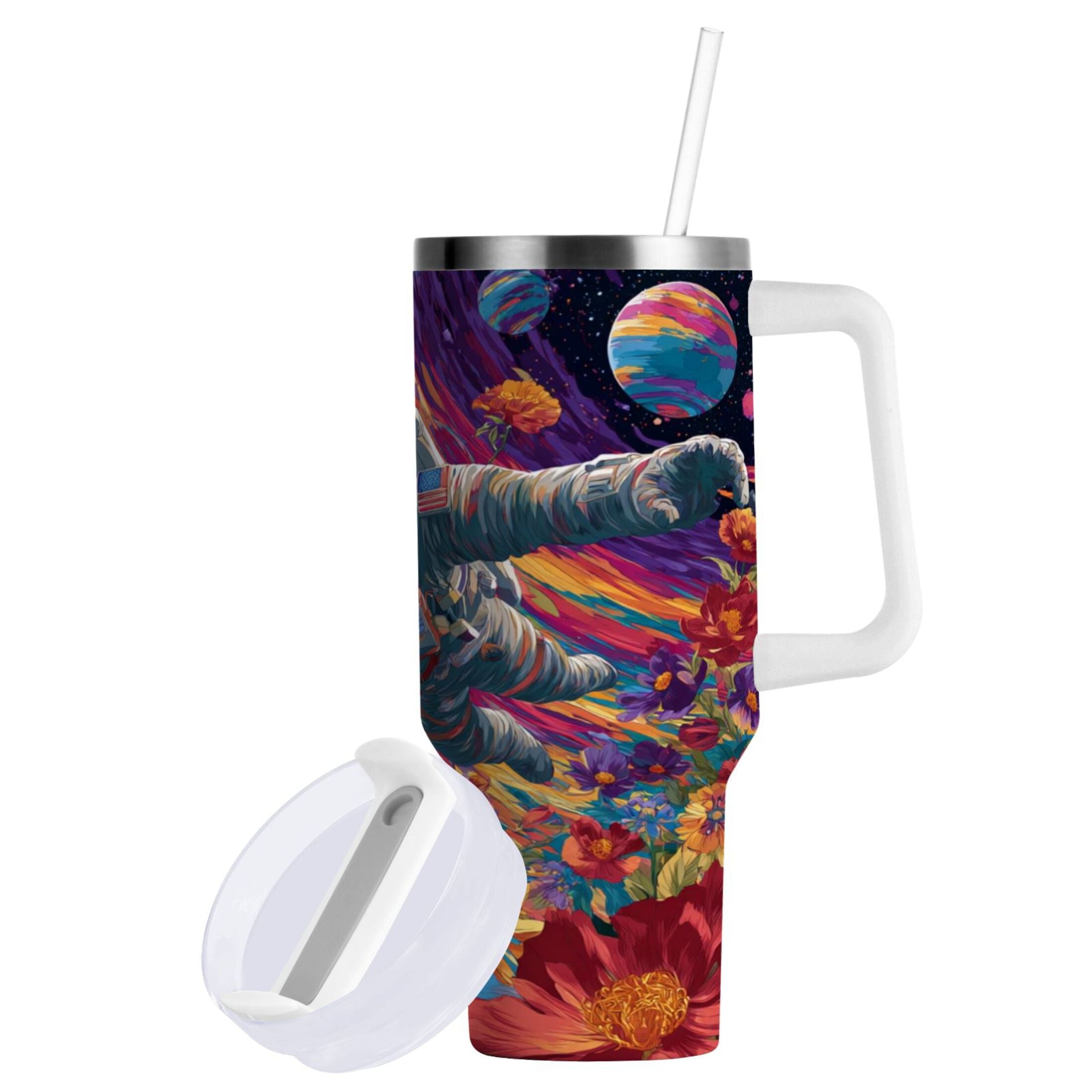 40 oz Insulated Stainless Steel Tumbler Double Wall Stainless Steel Tumbler with 2-Way Drinking Colorful Flowers and Planets C598R