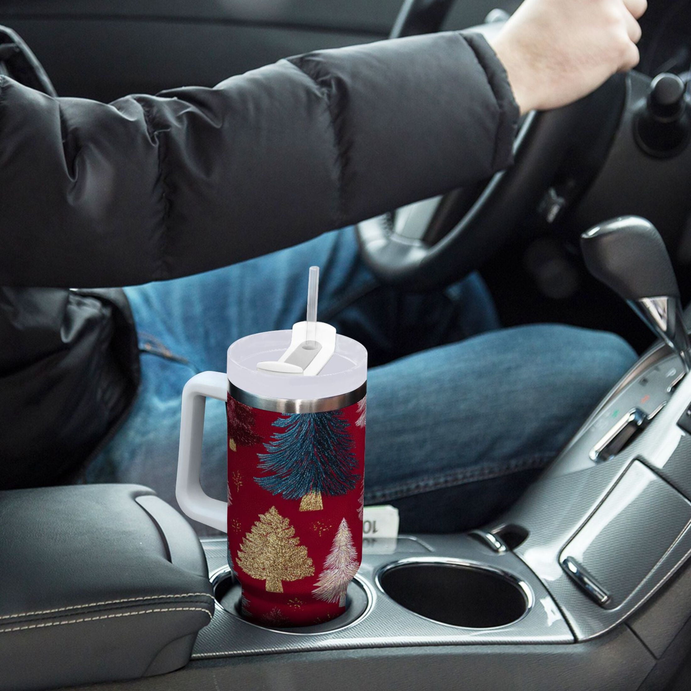 30 oz Insulated Stainless Steel Tumbler Double Wall Stainless Steel Tumbler with 2-Way Drinking Stylized Christmas Trees C644G