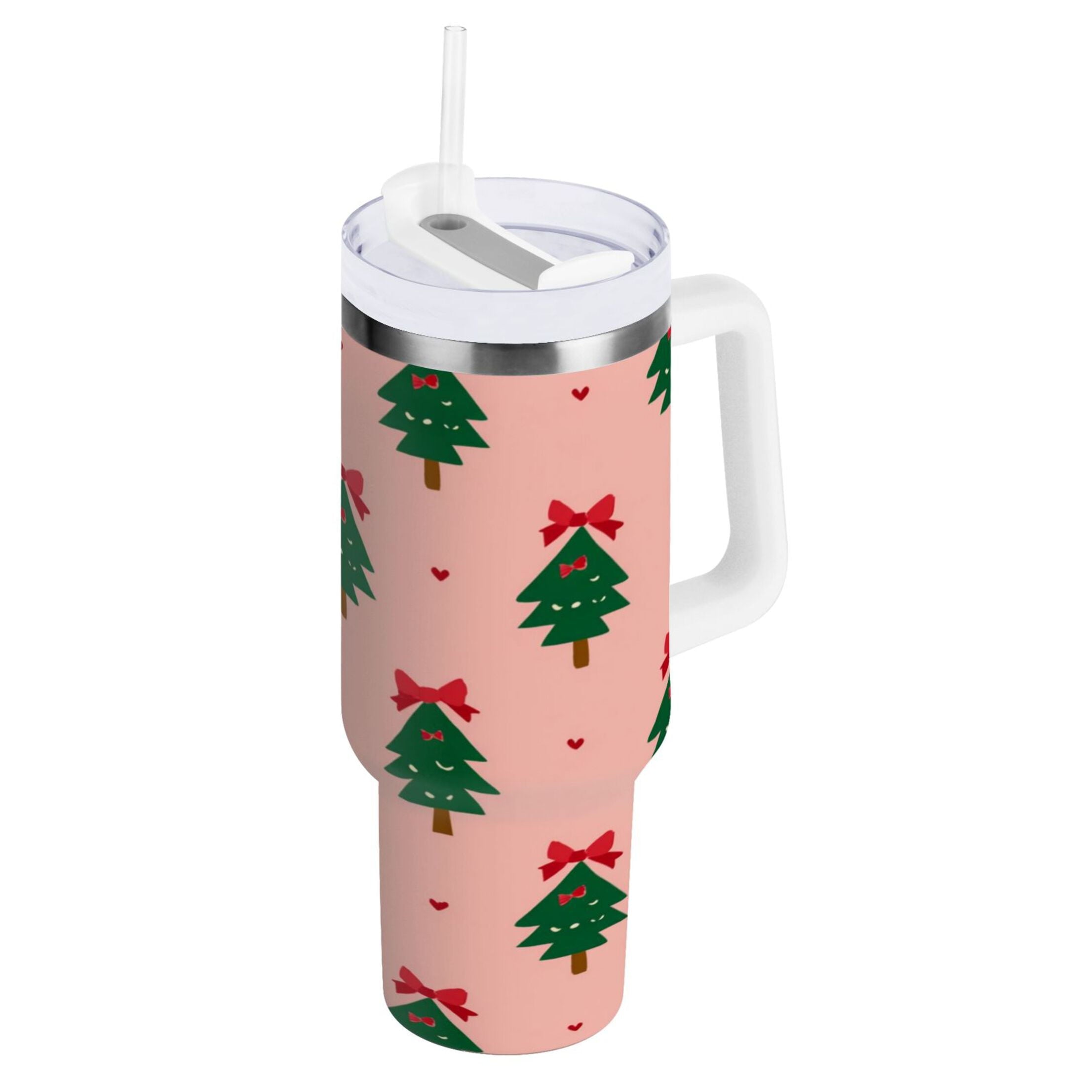 40 oz Insulated Stainless Steel Tumbler Double Wall Stainless Steel Tumbler with 2-Way Drinking Green Trees and Red Bows C468J