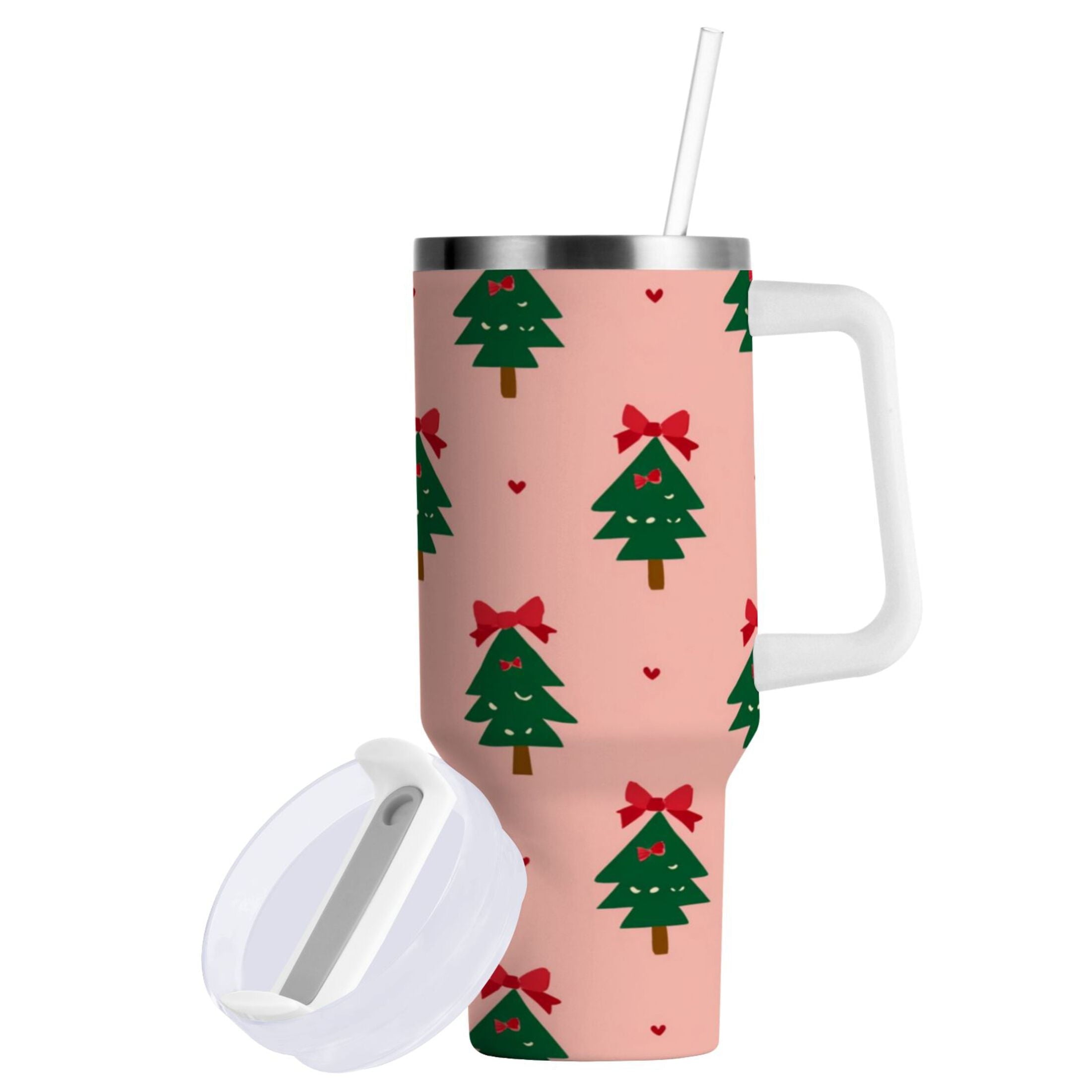 40 oz Insulated Stainless Steel Tumbler Double Wall Stainless Steel Tumbler with 2-Way Drinking Green Trees and Red Bows C468J