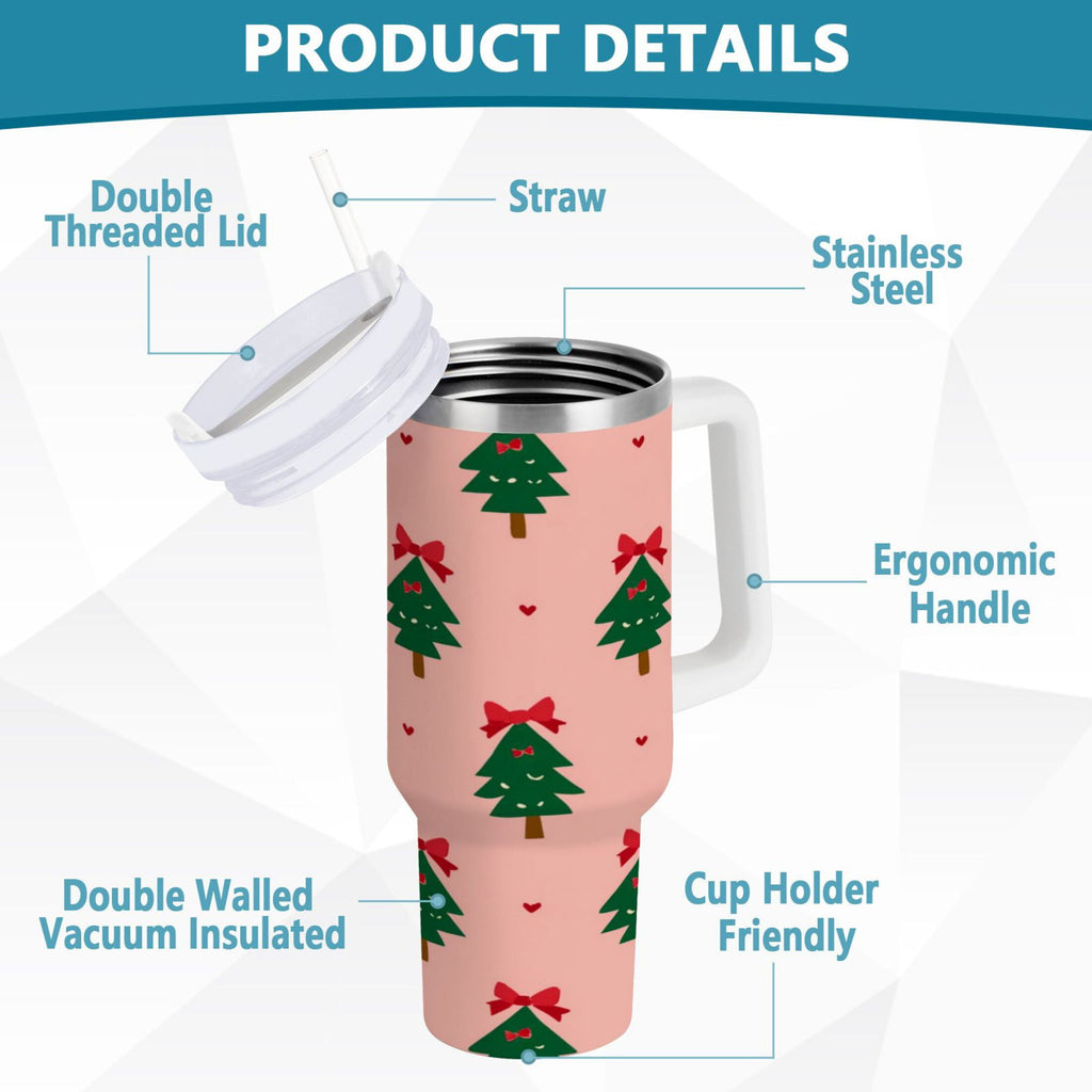 40 oz Insulated Stainless Steel Tumbler Double Wall Stainless Steel Tumbler with 2-Way Drinking Green Trees and Red Bows C468J