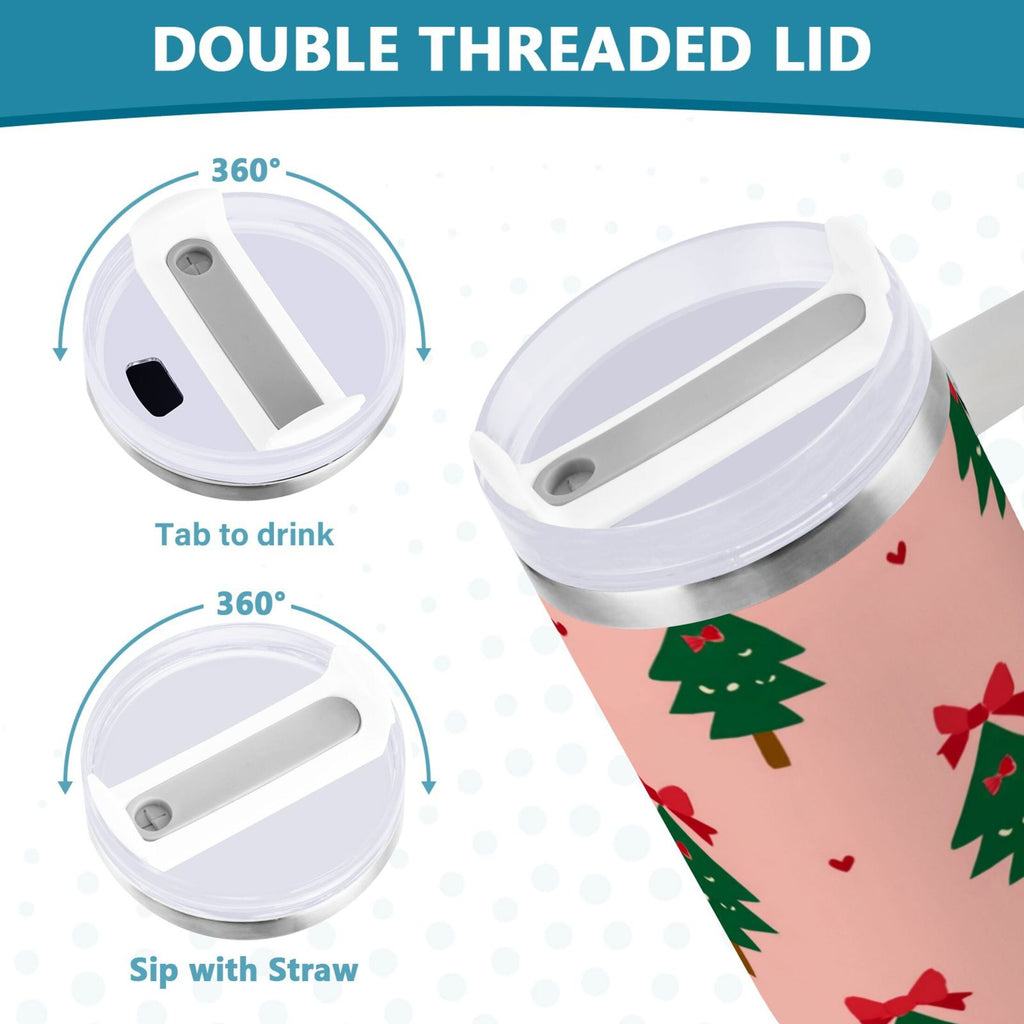 40 oz Insulated Stainless Steel Tumbler Double Wall Stainless Steel Tumbler with 2-Way Drinking Green Trees and Red Bows C468J