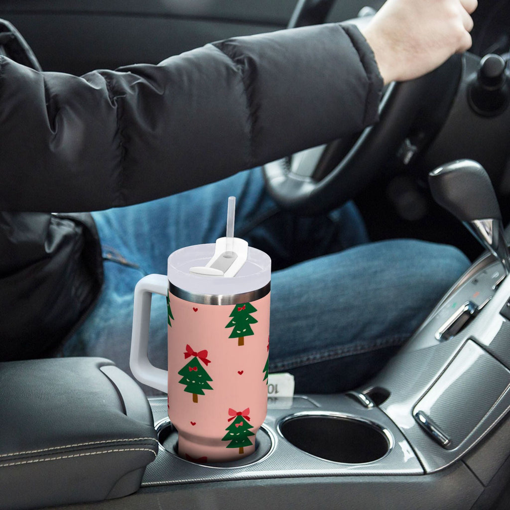 40 oz Insulated Stainless Steel Tumbler Double Wall Stainless Steel Tumbler with 2-Way Drinking Green Trees and Red Bows C468J