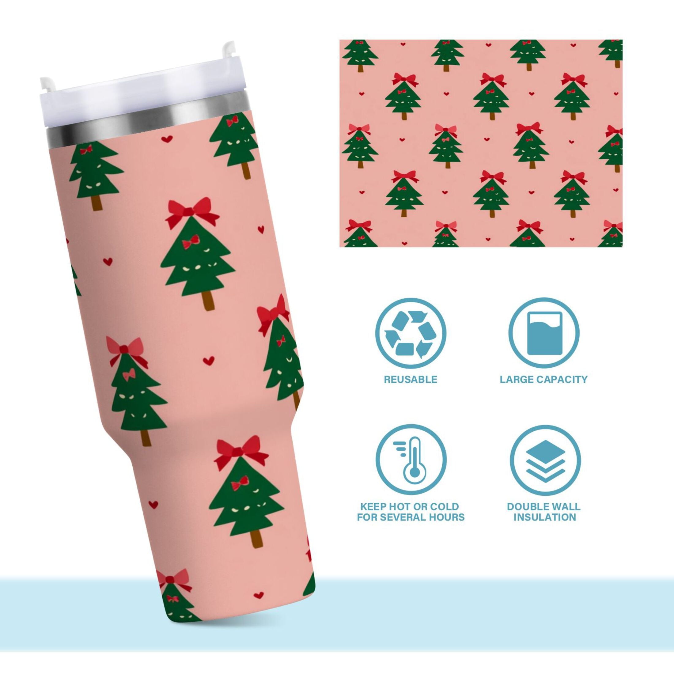 40 oz Insulated Stainless Steel Tumbler Double Wall Stainless Steel Tumbler with 2-Way Drinking Green Trees and Red Bows C468J