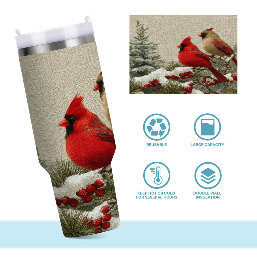 30 oz Insulated Stainless Steel Tumbler Double Wall Stainless Steel Tumbler with 2-Way Drinking Bird and Snow-covered Trees C615B