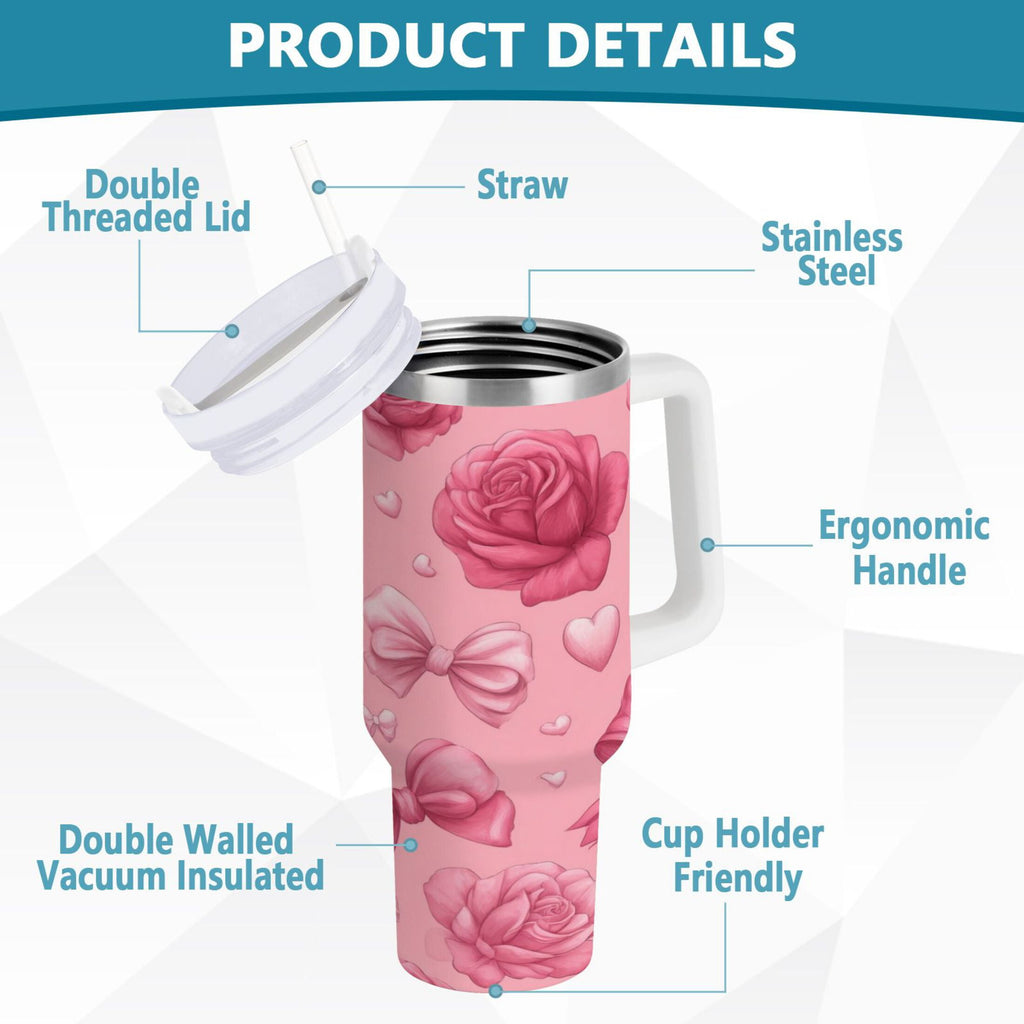 40 oz Insulated Stainless Steel Tumbler Double Wall Stainless Steel Tumbler with 2-Way Drinking Roses and Bows Pattern C661Q