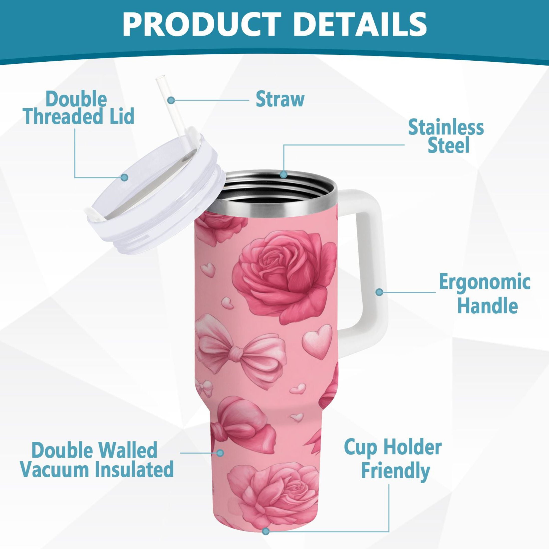 40 oz Insulated Stainless Steel Tumbler Double Wall Stainless Steel Tumbler with 2-Way Drinking Roses and Bows Pattern C661Q