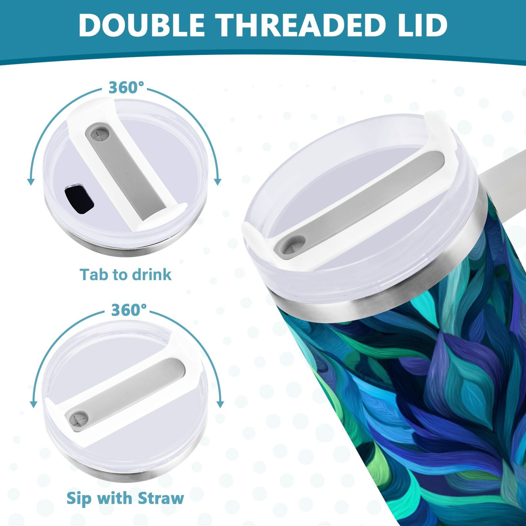 40 oz Insulated Stainless Steel Tumbler Double Wall Stainless Steel Tumbler with 2-Way Drinking Elegant Blue Abstract Shapes C609M