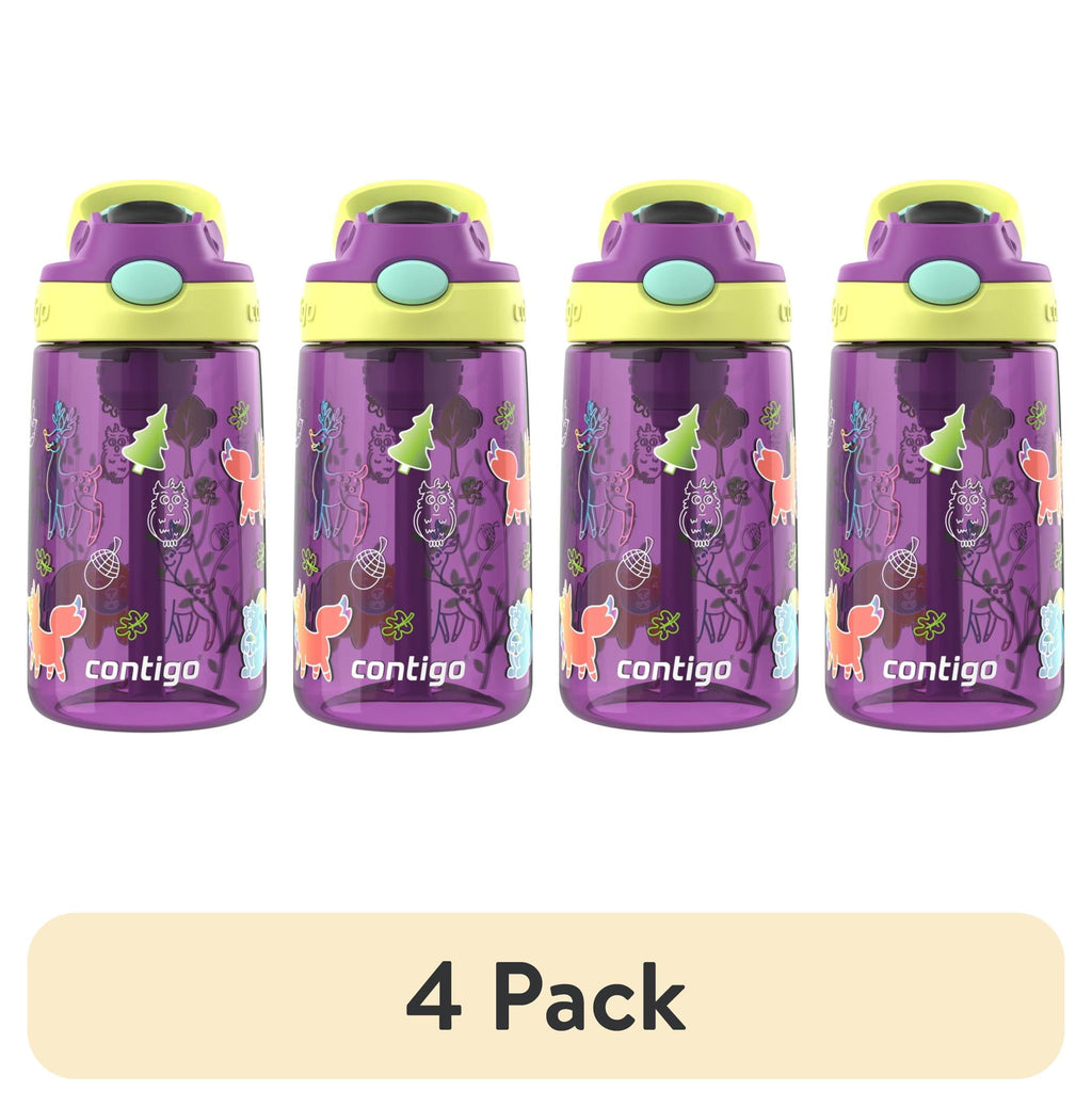 (4 pack) Contigo Kids Water Bottle with Redesigned AUTOSPOUT Straw, 14 oz, Grape Forest Haven C016F