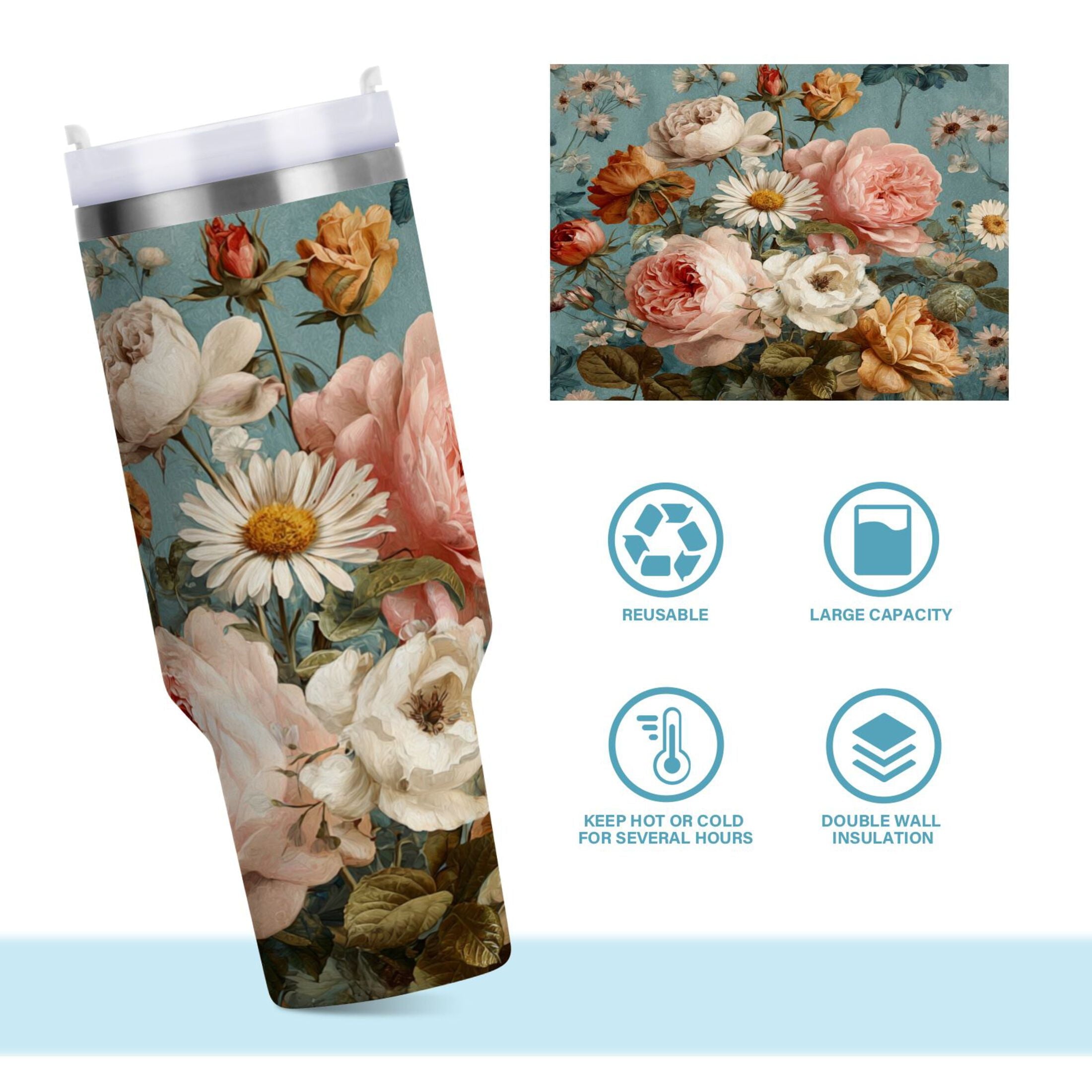 30 oz Insulated Stainless Steel Tumbler Double Wall Stainless Steel Tumbler with 2-Way Drinking Vintage Roses and Peonies C667C