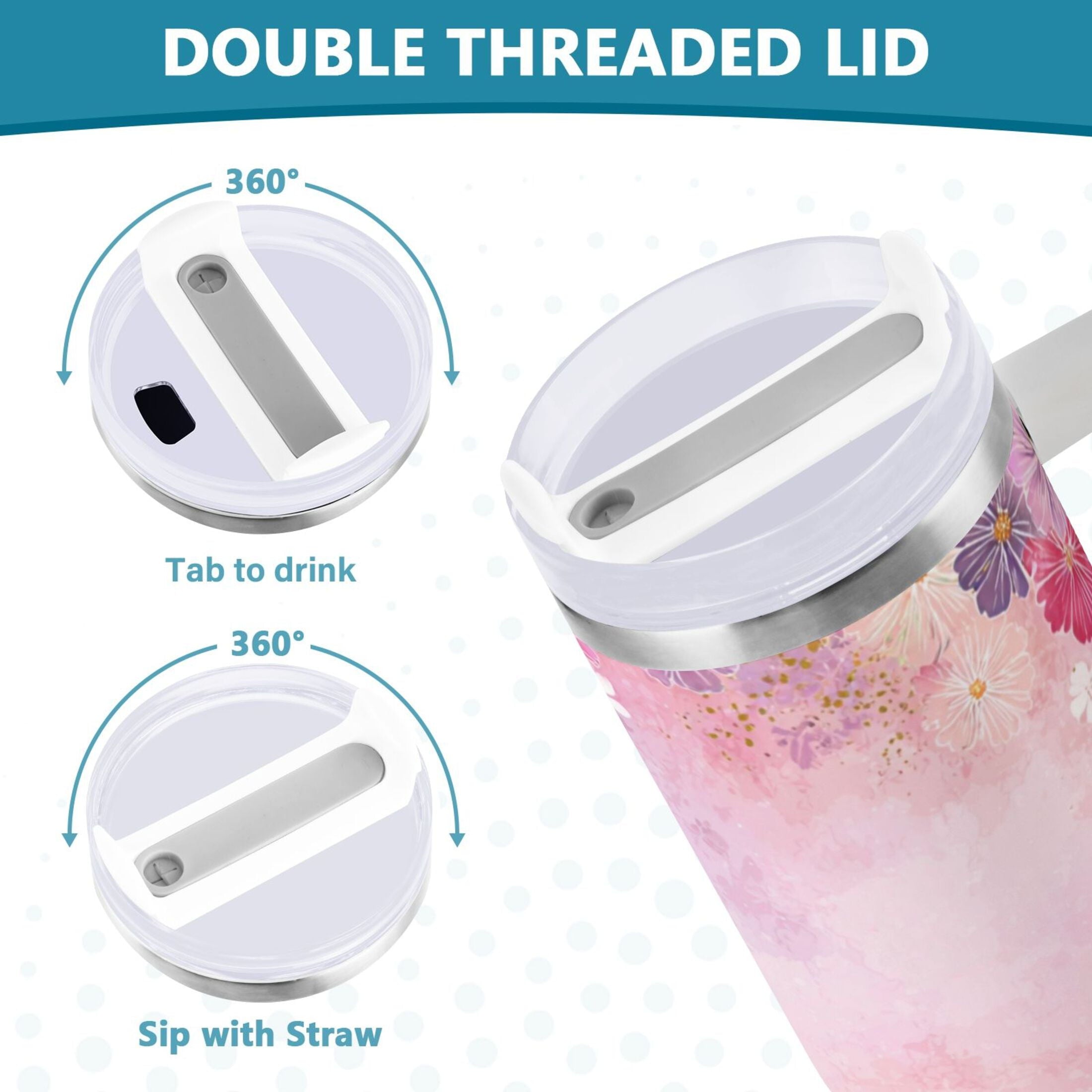 30 oz Insulated Stainless Steel Tumbler Double Wall Stainless Steel Tumbler with 2-Way Drinking Colorful Pastel Floral Pattern C514B