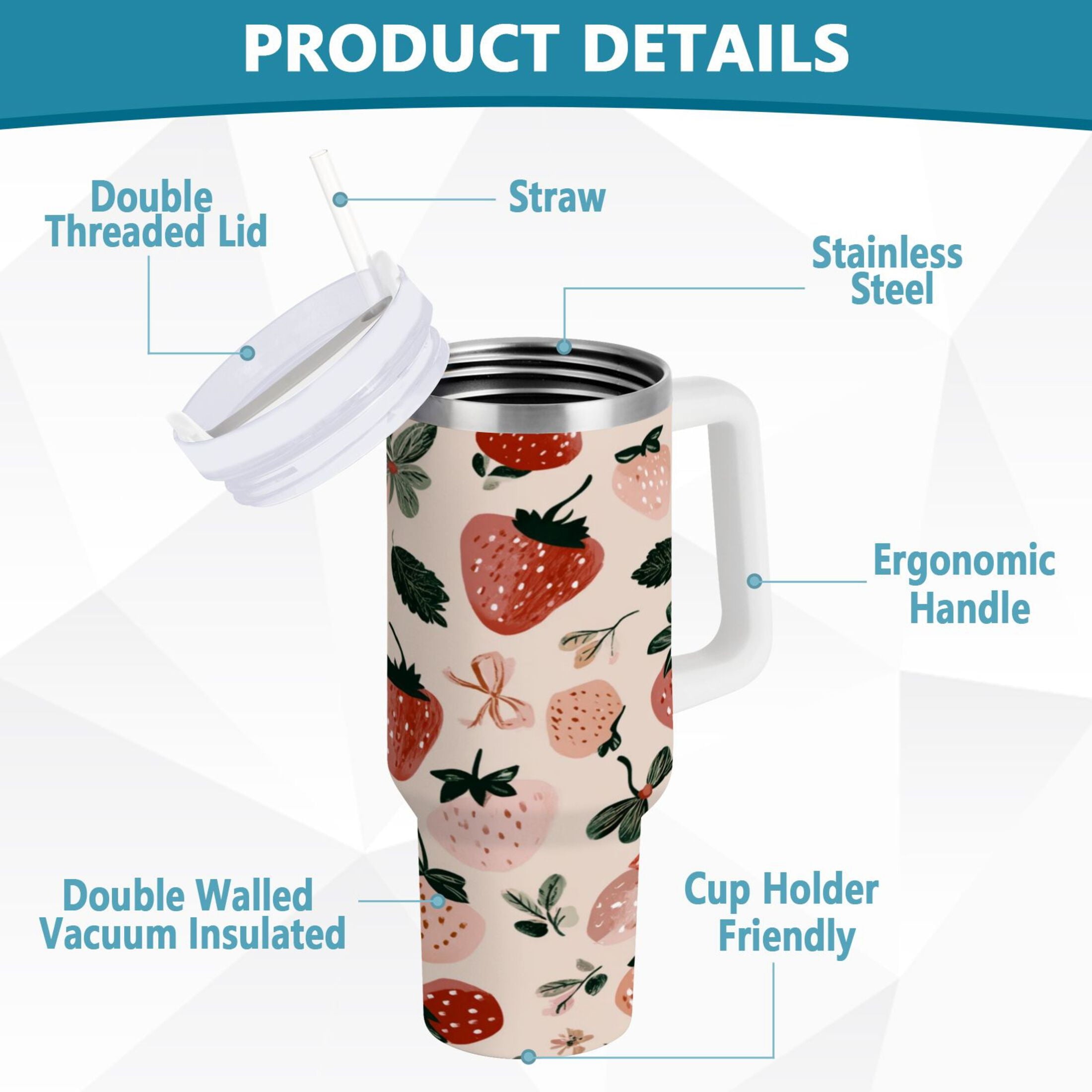 30 oz Insulated Stainless Steel Tumbler Double Wall Stainless Steel Tumbler with 2-Way Drinking Cute Pinks Strawberries C596J