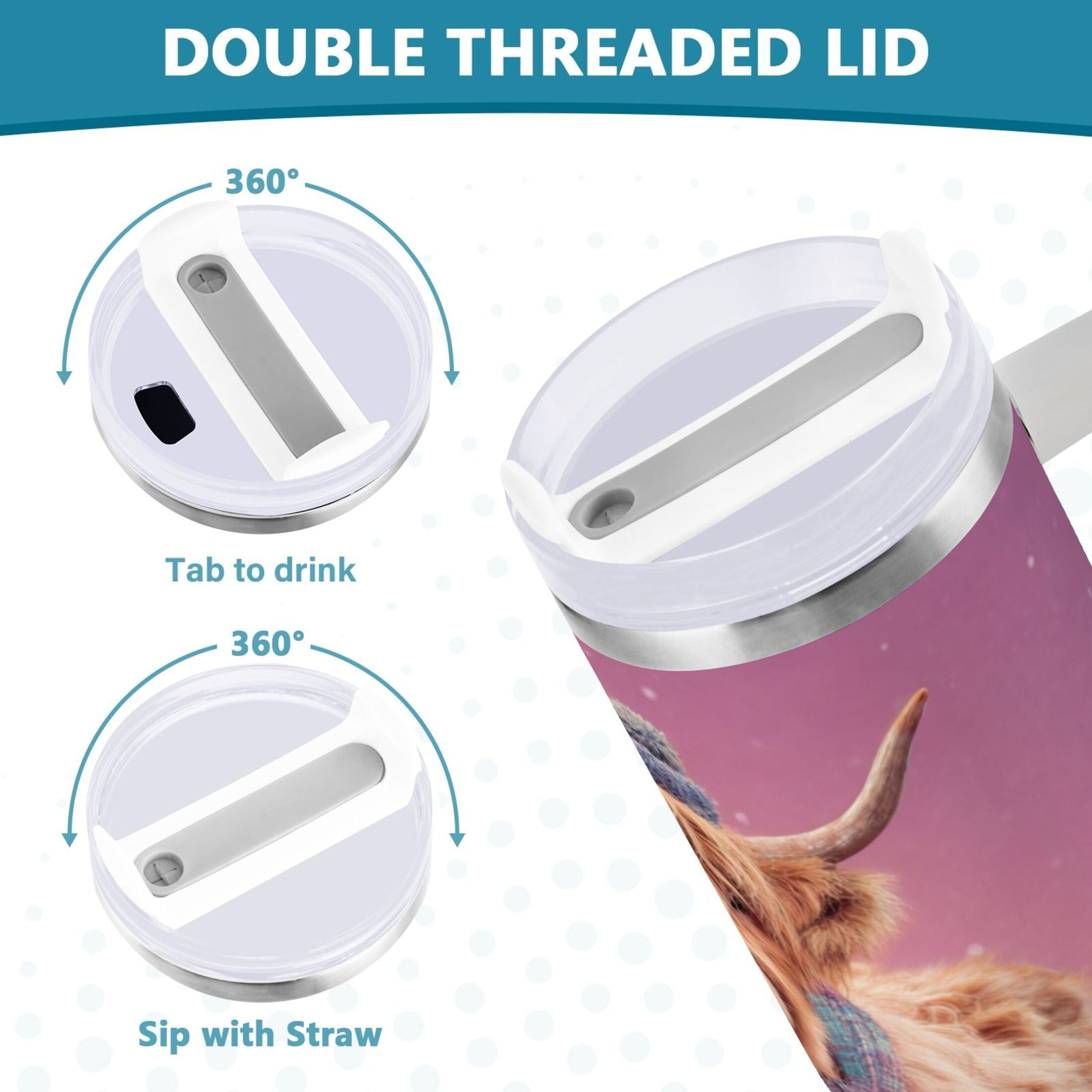 30 oz Insulated Stainless Steel Tumbler Double Wall Stainless Steel Tumbler with 2-Way Drinking Cow Wearing Christmas C626V