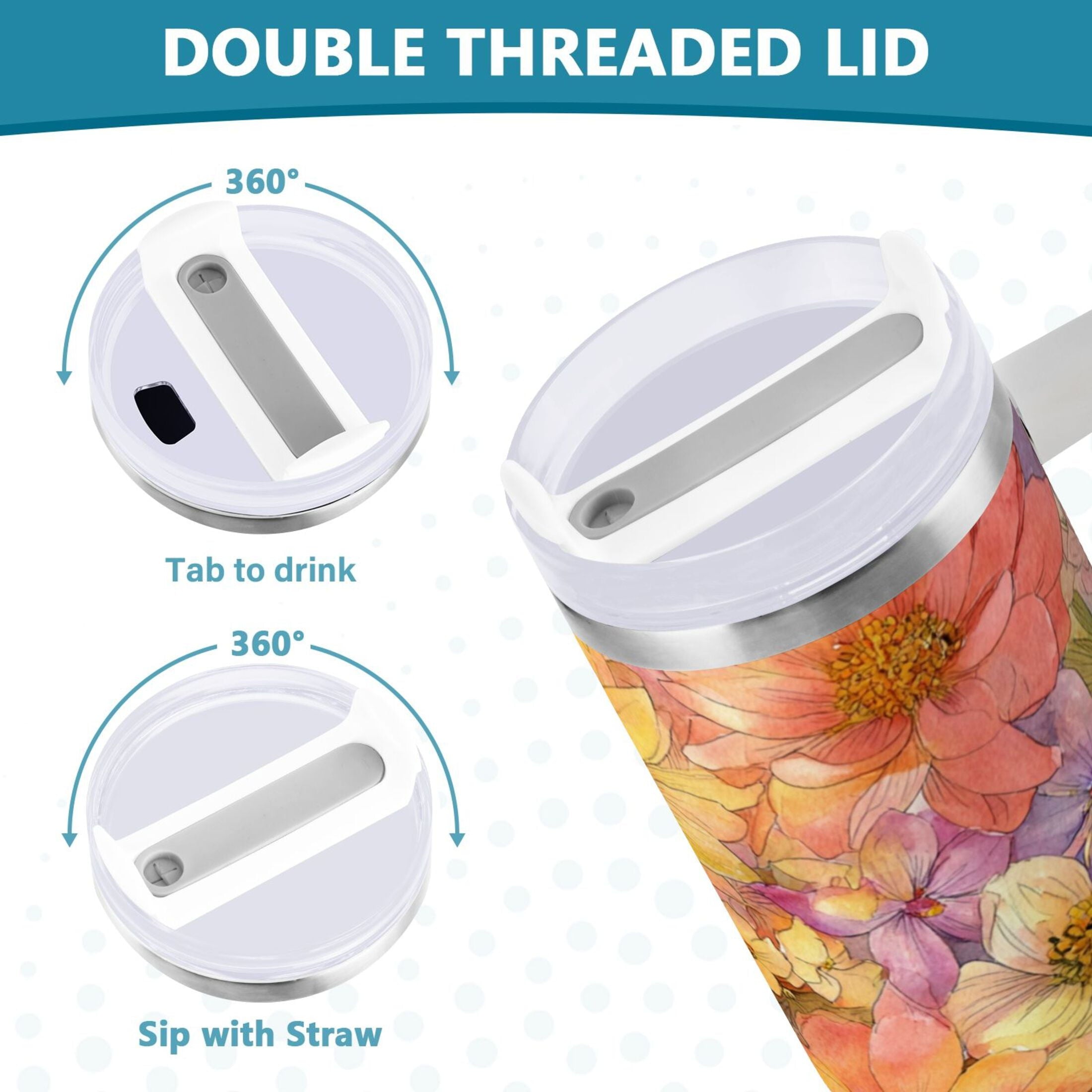 30 oz Insulated Stainless Steel Tumbler Double Wall Stainless Steel Tumbler with 2-Way Drinking Summer Blossoms C540D
