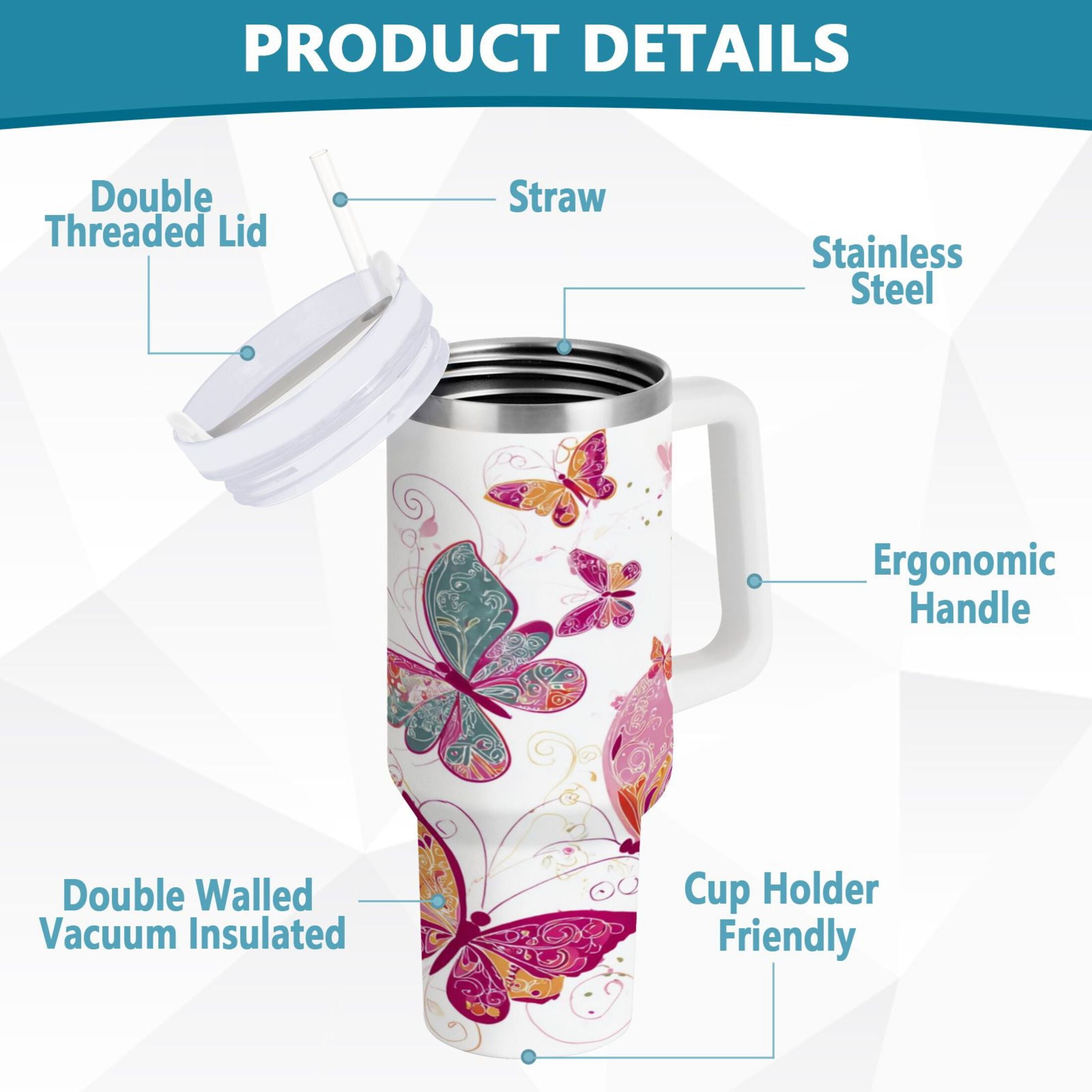 30 oz Insulated Stainless Steel Tumbler Double Wall Stainless Steel Tumbler with 2-Way Drinking Colorful Butterflies C605U