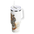 30 oz Insulated Stainless Steel Tumbler Double Wall Stainless Steel Tumbler with 2-Way Drinking Tiger in Action C457K