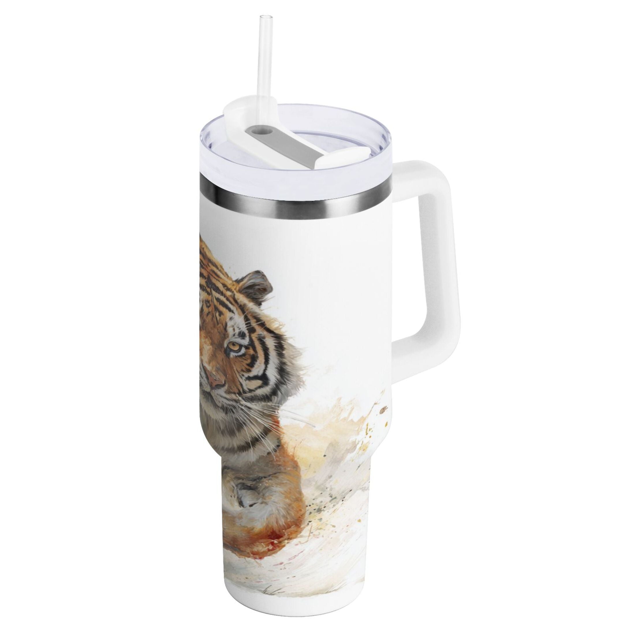 30 oz Insulated Stainless Steel Tumbler Double Wall Stainless Steel Tumbler with 2-Way Drinking Tiger in Action C457K