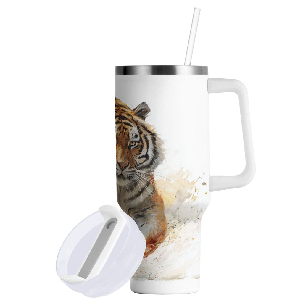30 oz Insulated Stainless Steel Tumbler Double Wall Stainless Steel Tumbler with 2-Way Drinking Tiger in Action C457K