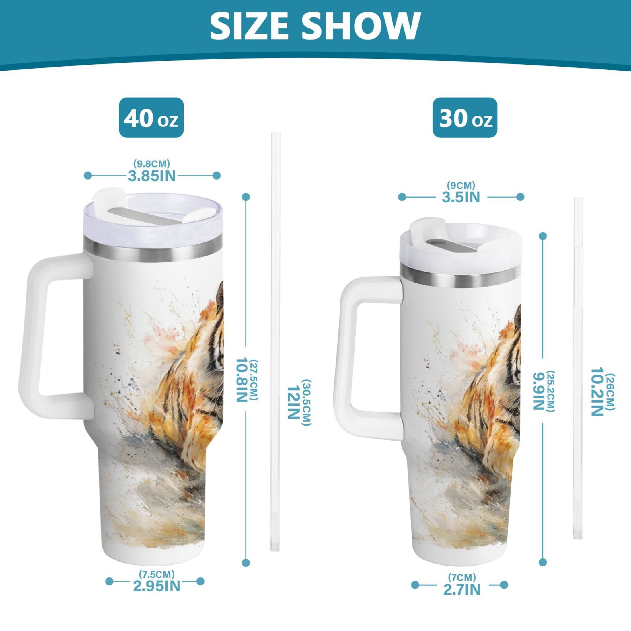 30 oz Insulated Stainless Steel Tumbler Double Wall Stainless Steel Tumbler with 2-Way Drinking Tiger in Action C457K