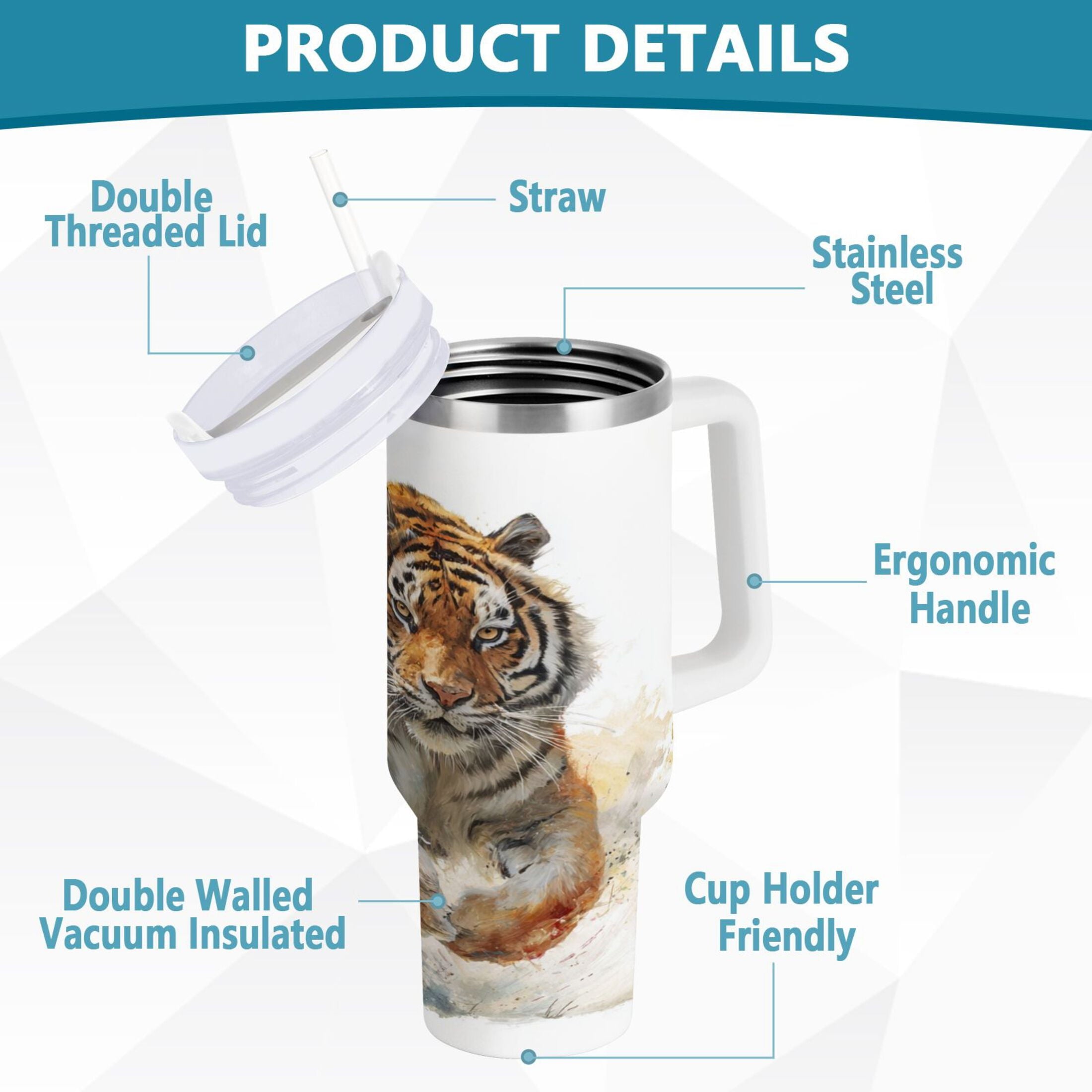 30 oz Insulated Stainless Steel Tumbler Double Wall Stainless Steel Tumbler with 2-Way Drinking Tiger in Action C457K