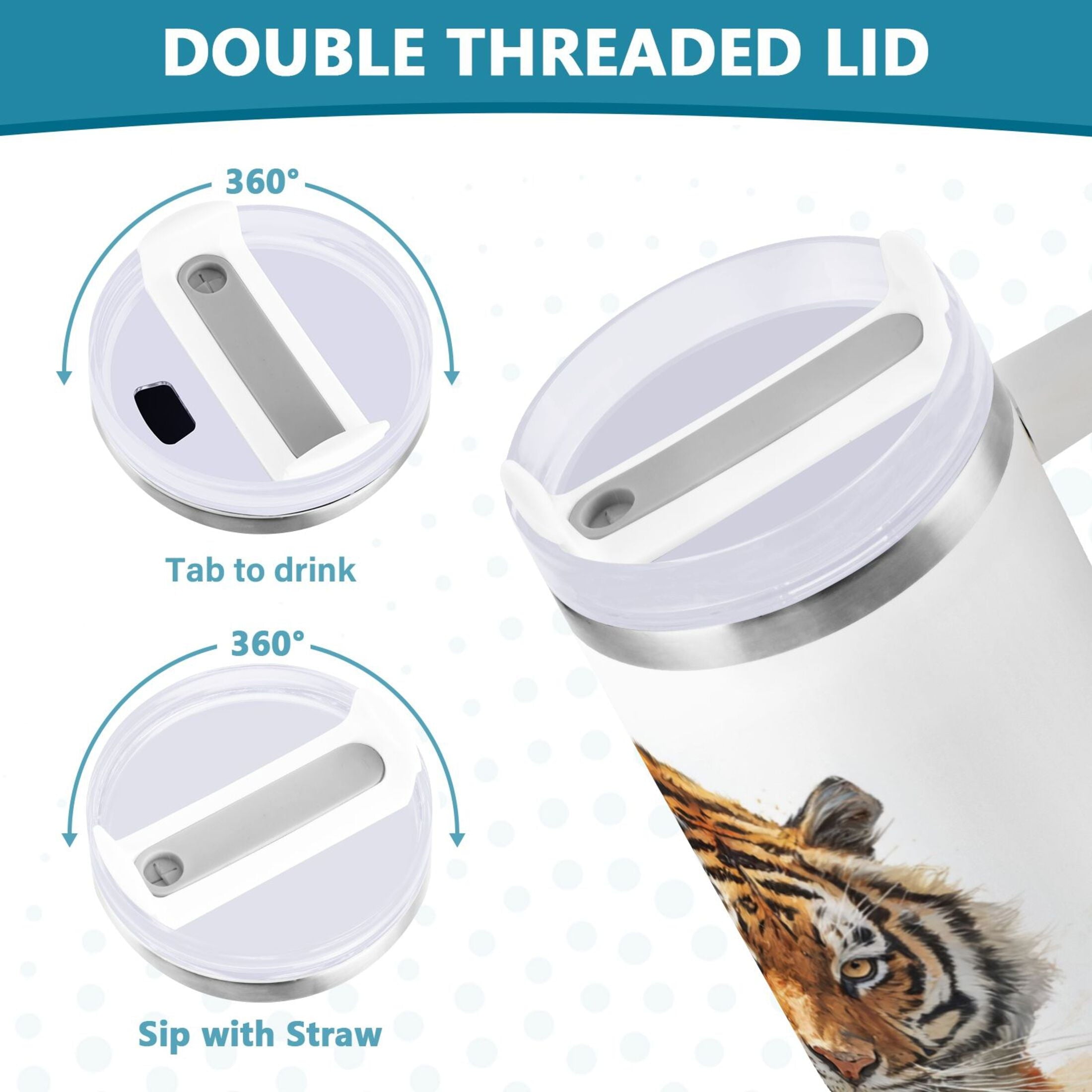 30 oz Insulated Stainless Steel Tumbler Double Wall Stainless Steel Tumbler with 2-Way Drinking Tiger in Action C457K