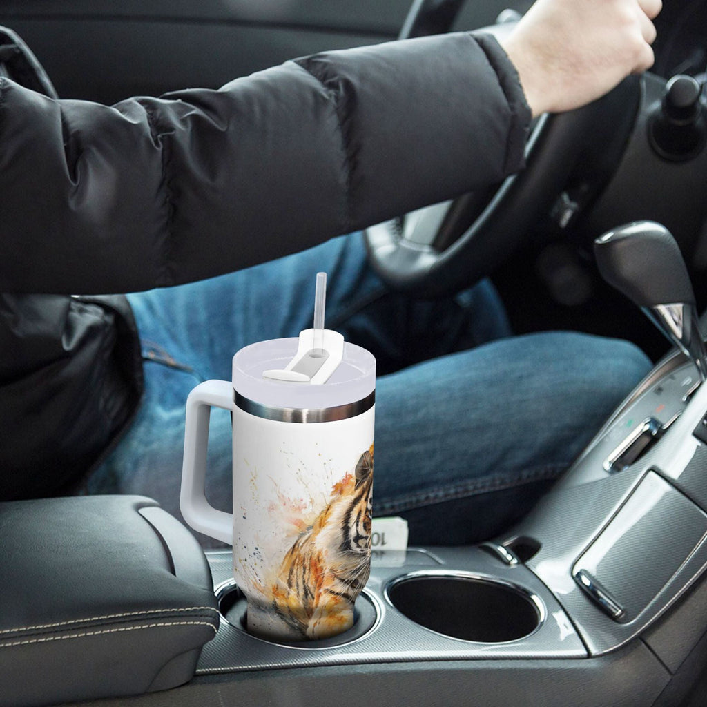 30 oz Insulated Stainless Steel Tumbler Double Wall Stainless Steel Tumbler with 2-Way Drinking Tiger in Action C457K