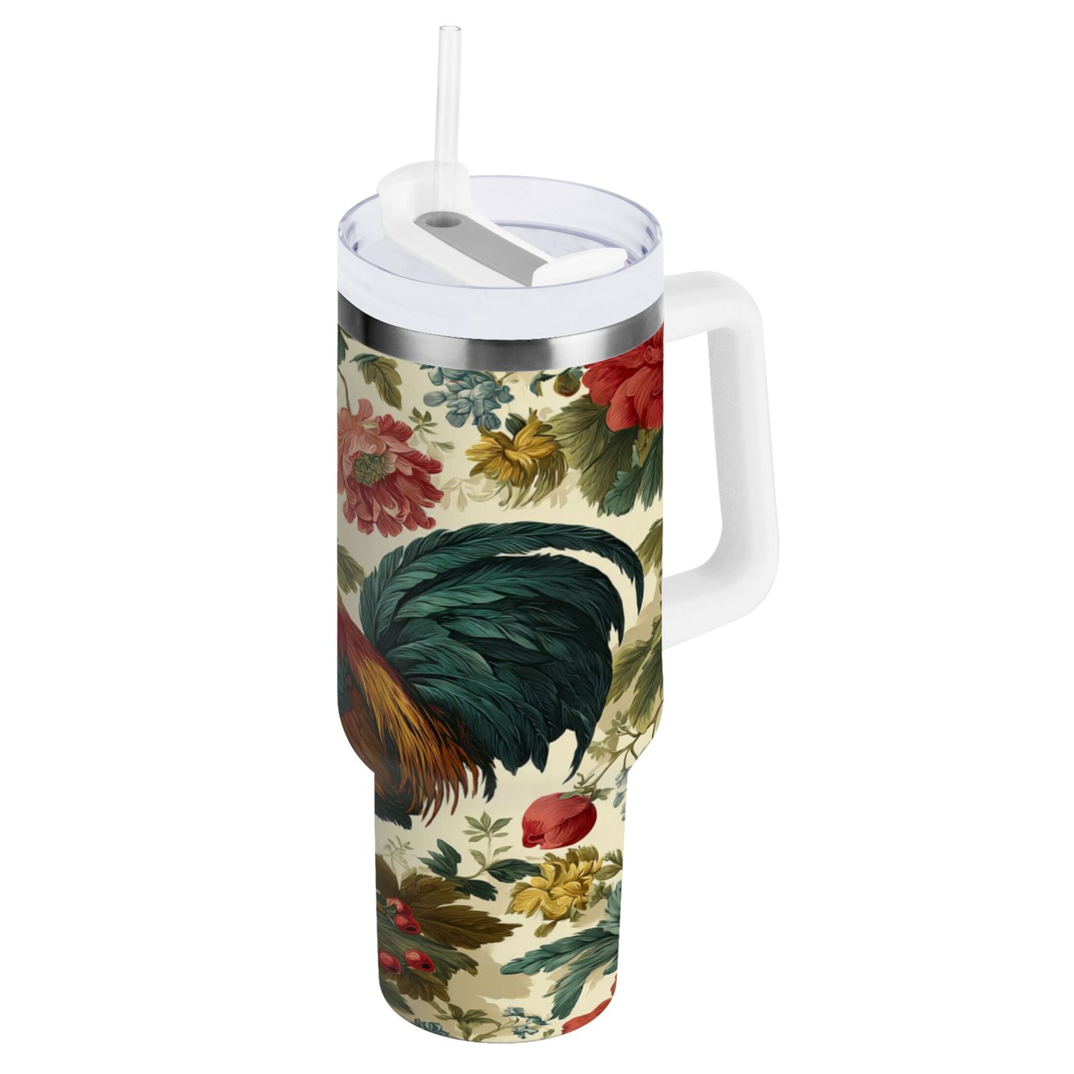 40 oz Insulated Stainless Steel Tumbler Double Wall Stainless Steel Tumbler with 2-Way Drinking Rooster and Vintage Floral C482F