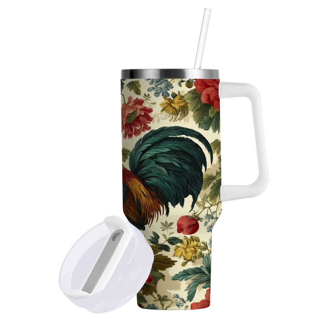 40 oz Insulated Stainless Steel Tumbler Double Wall Stainless Steel Tumbler with 2-Way Drinking Rooster and Vintage Floral C482F